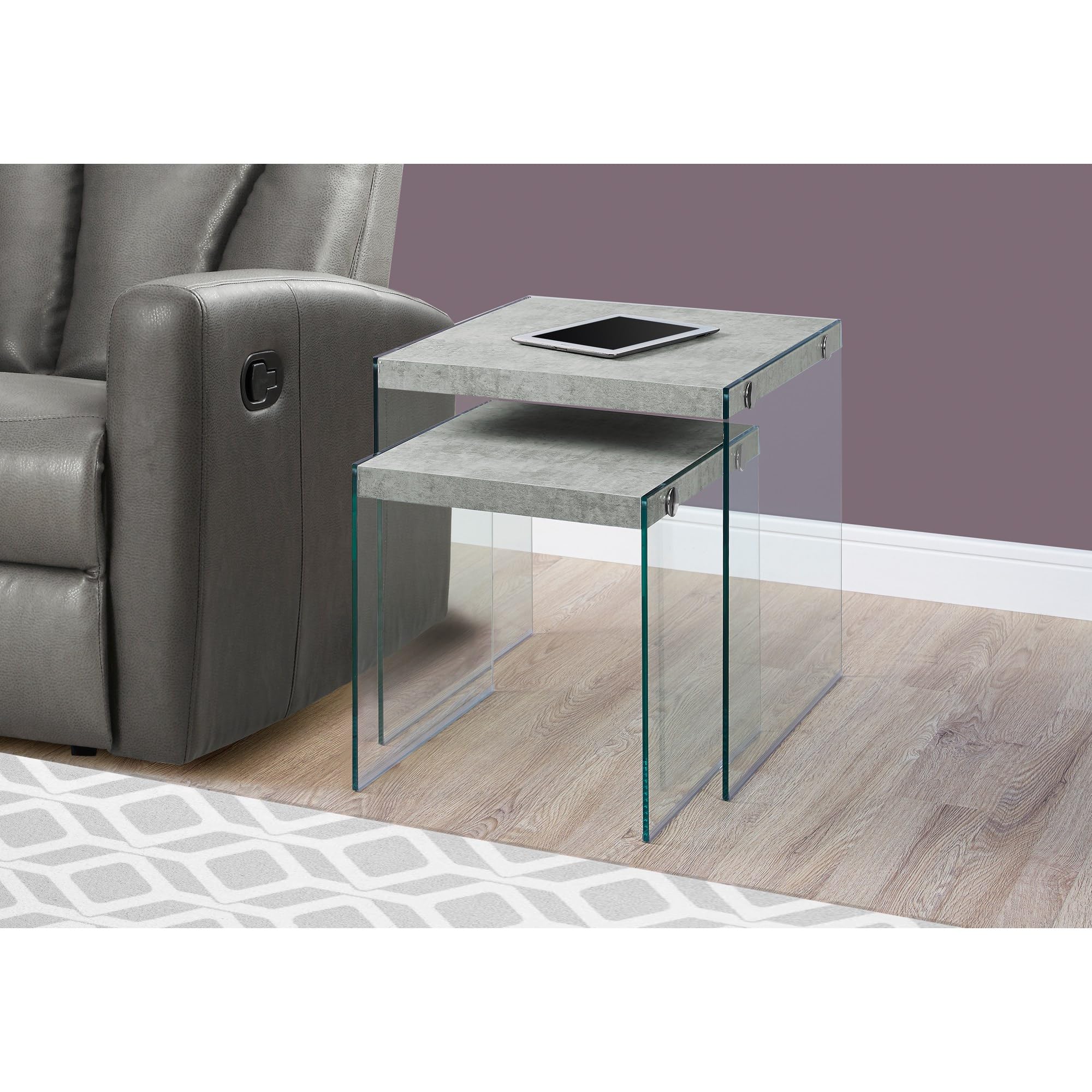 Monarch Specialties ,Nesting Table, Tempered Glass, Grey Cement