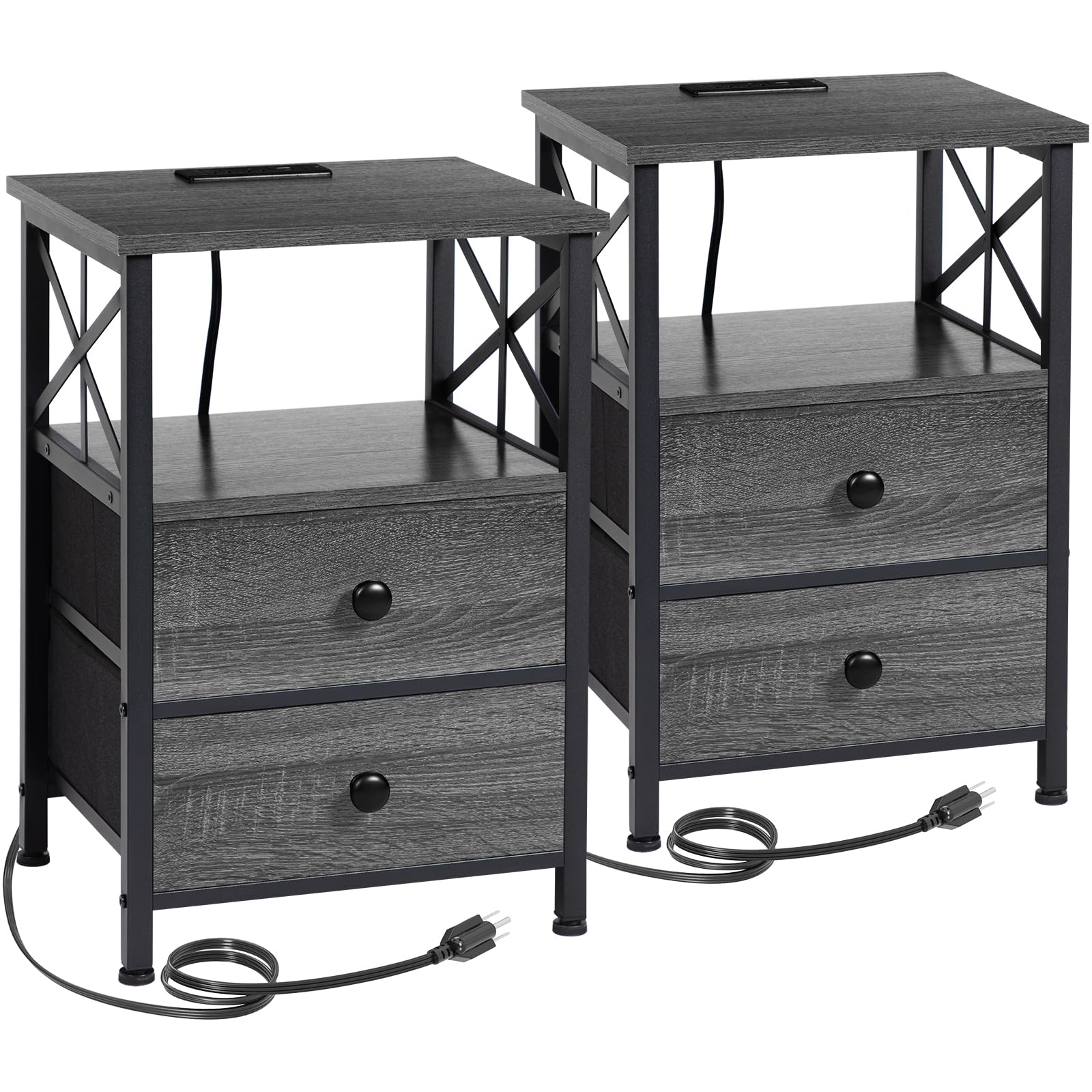AMHANCIBLE Night Stand Set 2, Nightstand with Charging Station, End Tables Living Room with USB Ports and Outlets, Bedside Table