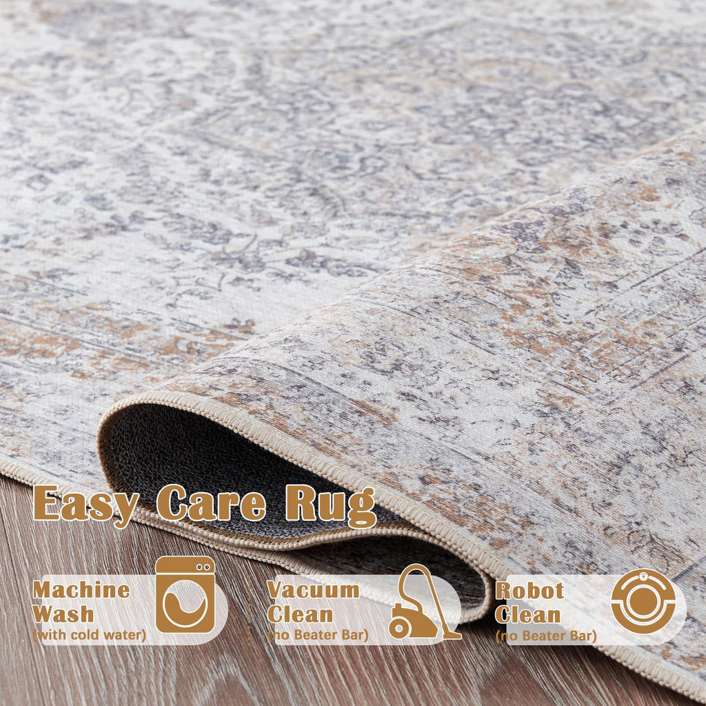Jinchan Area Rug 3X10 Washable Rug Runner Rug Hallway Vintage Distressed Rug Kitchen Taupe Indoor Thin Rug Traditional Floral Pr