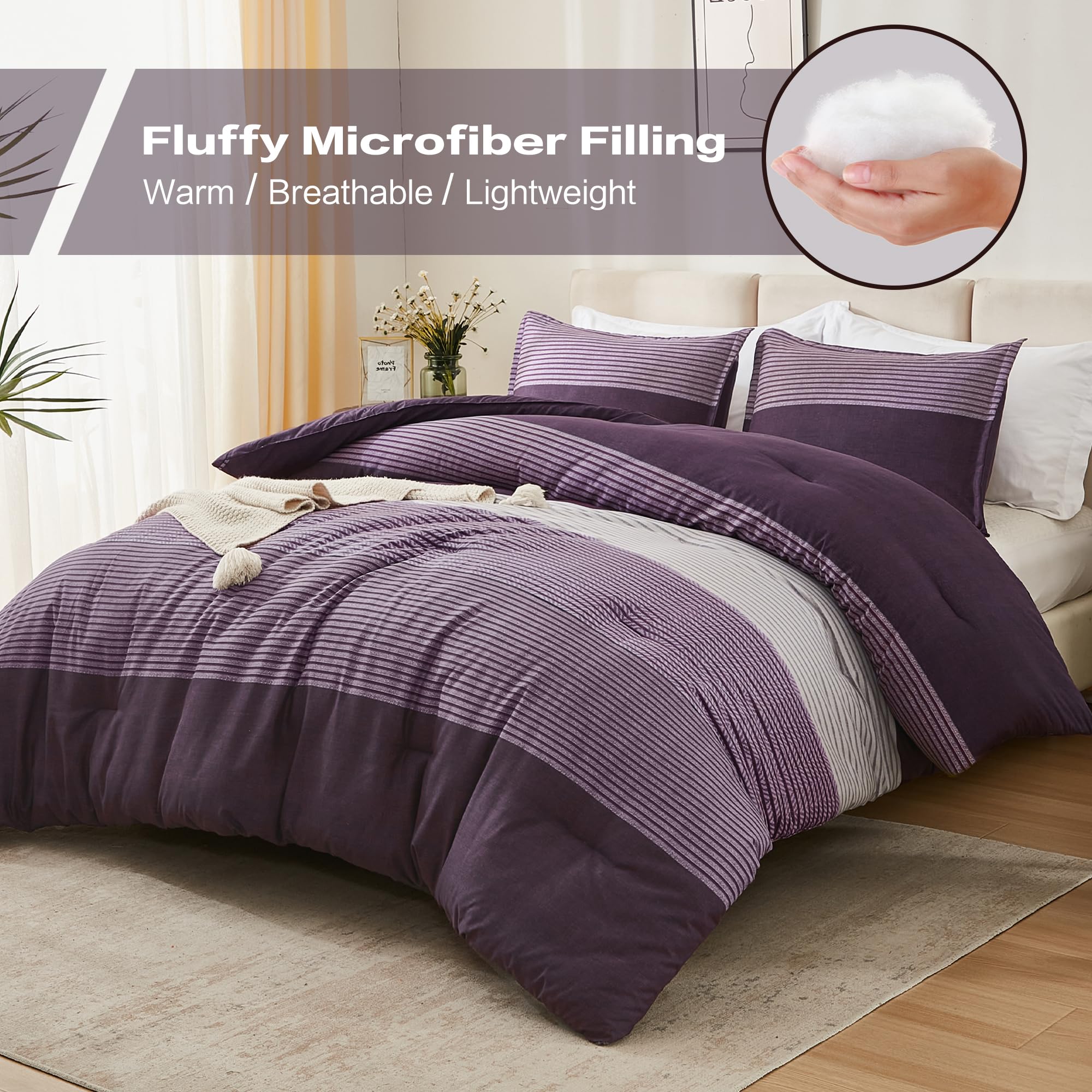 Litanika California King Comforter Set Purple - 3 Pieces Cal King Oversized Lightweight Purple White Colorblock Stripe Bedding S