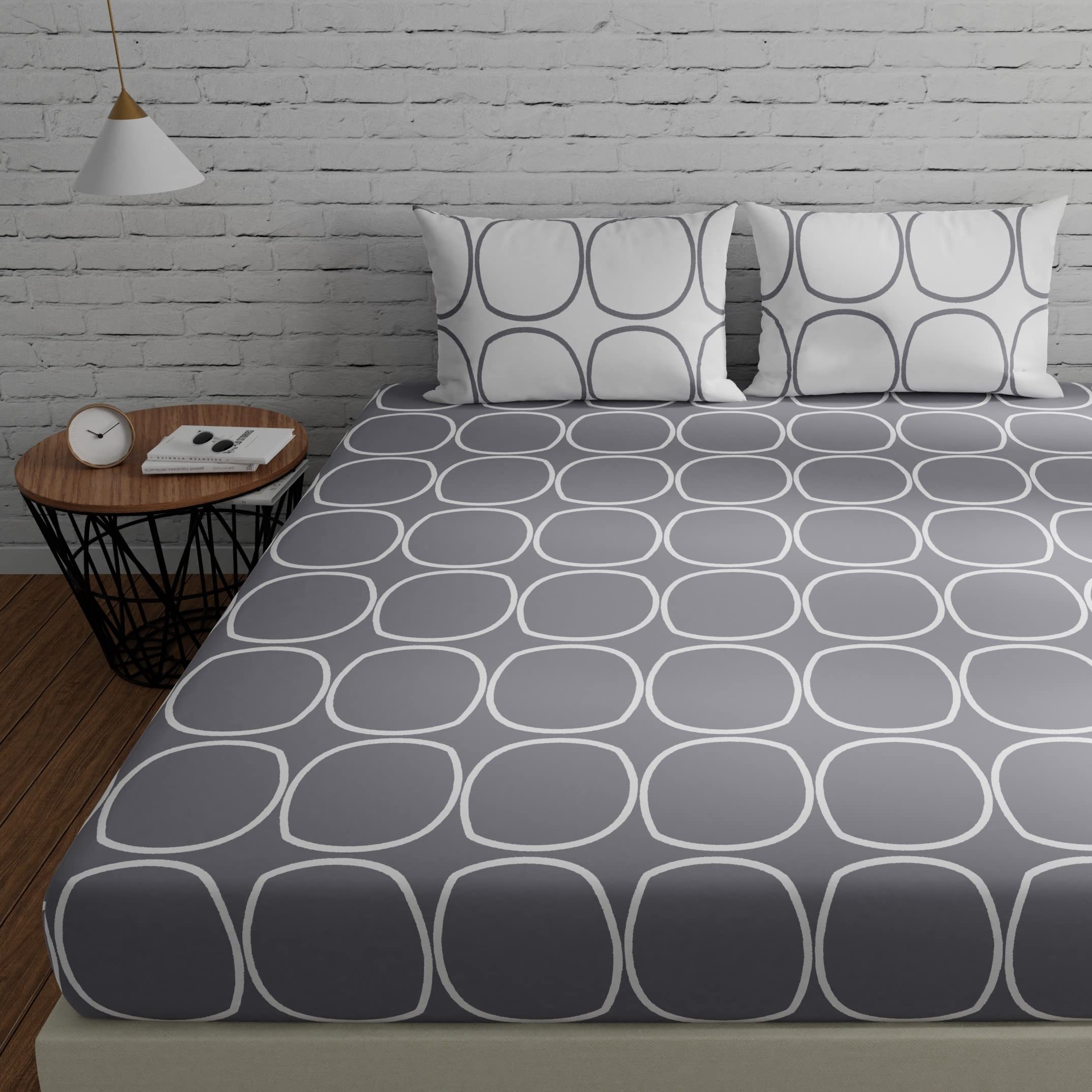 Huesland By Ahmedabad Cotton 144 Tc Cotton Bedsheet For Double Bed King Size With 2 Pillow Covers | 9Ft X 9Ft |Grey & White