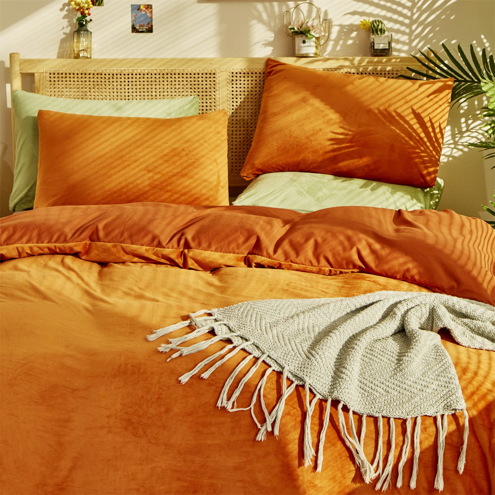 Karever Burnt Orange Velvet Comforter Queen Solid Rust Color Flannel Velvet Bedding Comforter Set All Caramel Colour 3 Pcs Shagg