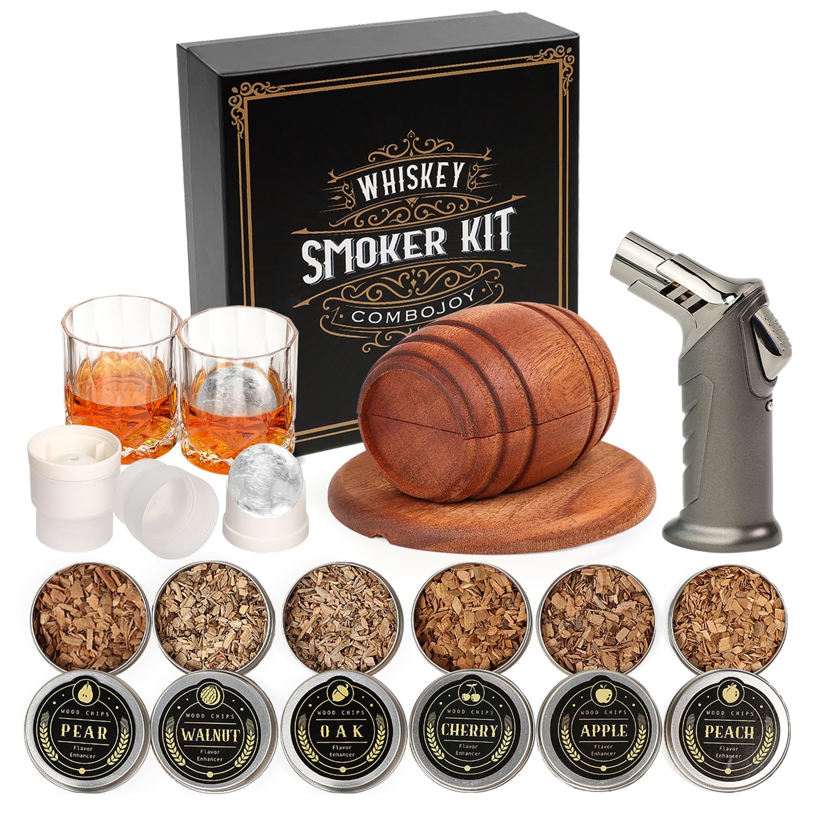 Whiskey Smoker Kit With Torch - 6 Flavors Wood Chips, 2 Glasses, 2 Ice Ball Molds - Cocktail Smoker Infuser Kit, Old Fashioned D