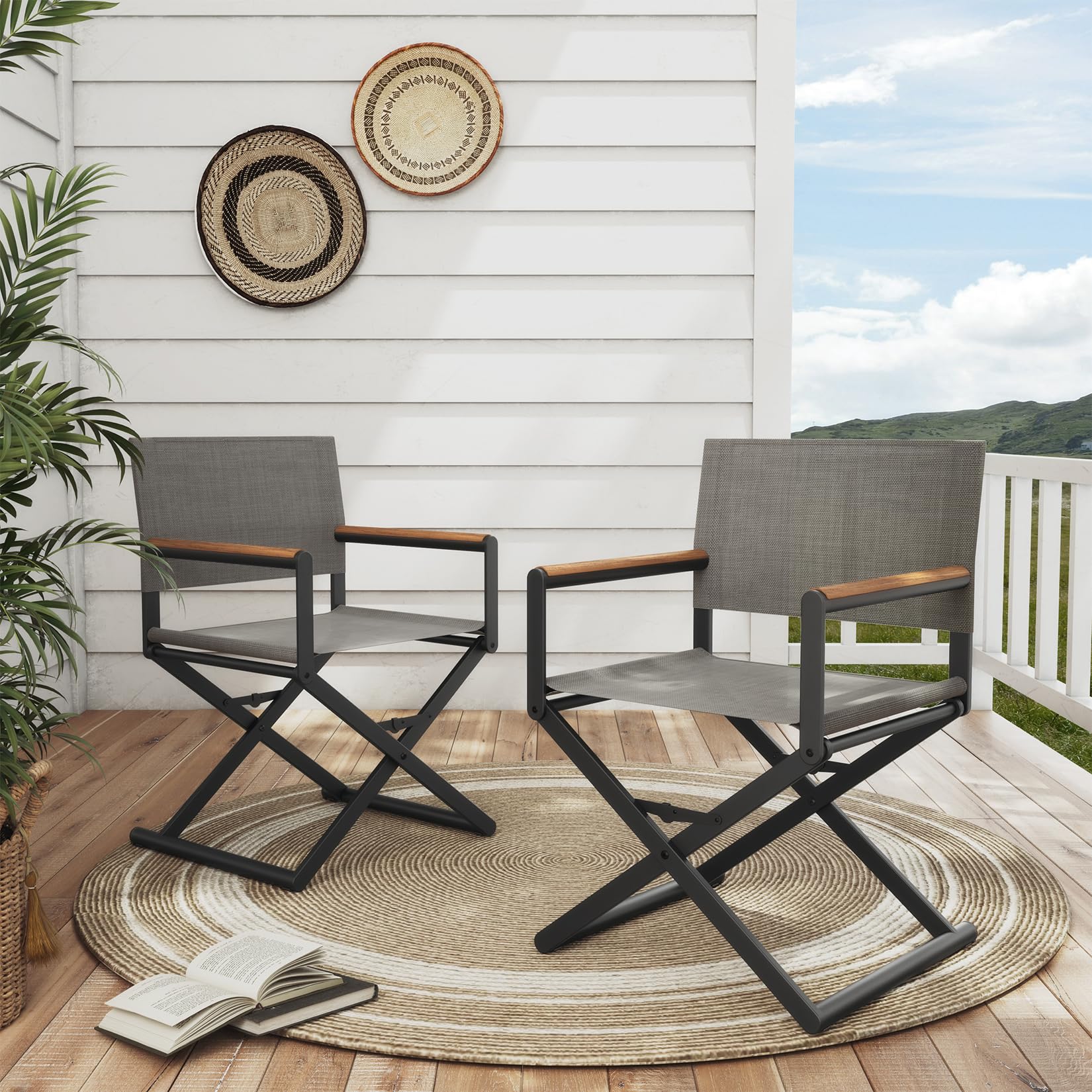 Grand Patio Extra-Wide 2-Pack Directors Chairs, Folding Dining Chair Set Of 2 With Sling, Woodgrain Armrests, Outdoor, Black