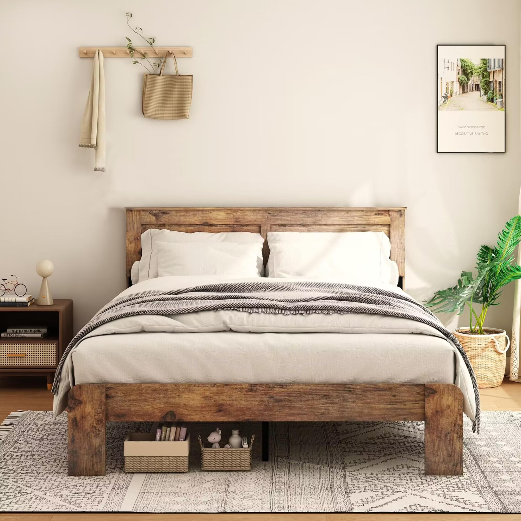 NNOOTK King Size Bed Frame, Rustic Vintage Platform Bed Frame with Wood Headboard and Footboard, 12 Wood Slats Support, No Box S