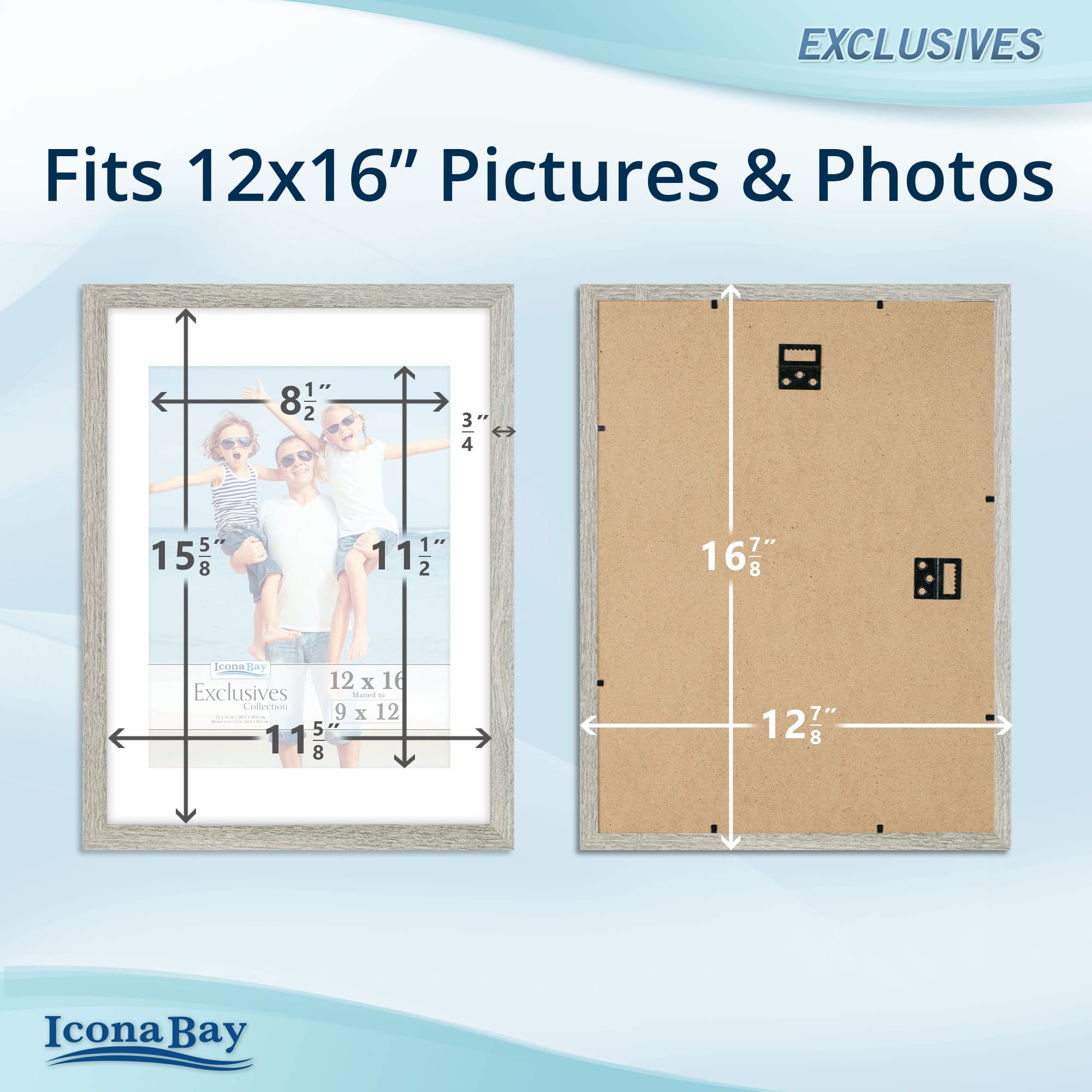Icona Bay 12X16 Alder Gray Picture Frame With Mat To 9X12 Image, Sturdy Wood Composite Poster Frame, Wall Mount Only, Modern Sty