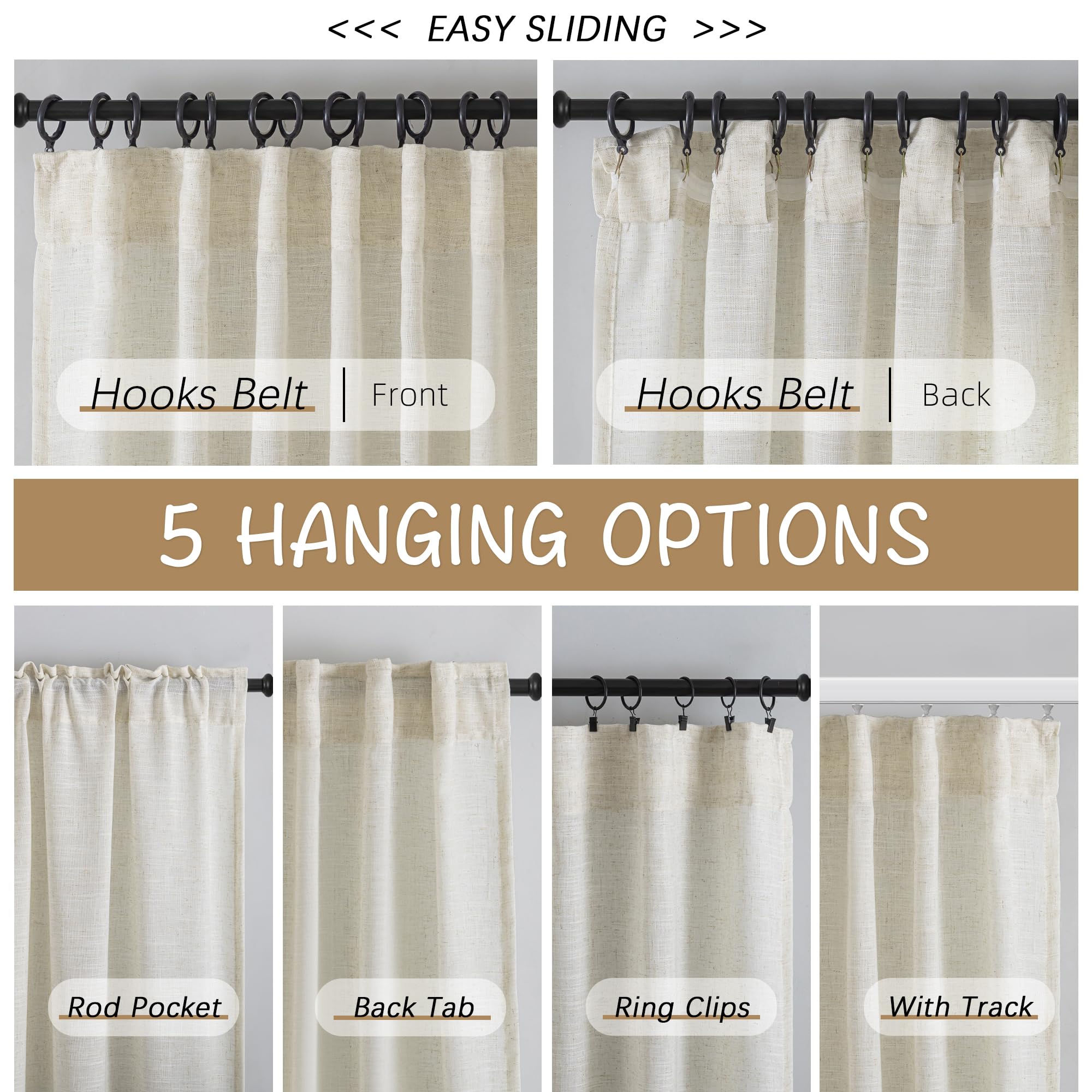 Ivory Natural Linen Blend Back Tab Curtains 90 Inches Long -2 Panels Set For Living Room Hook Belt Loops Pocket Draperies Light