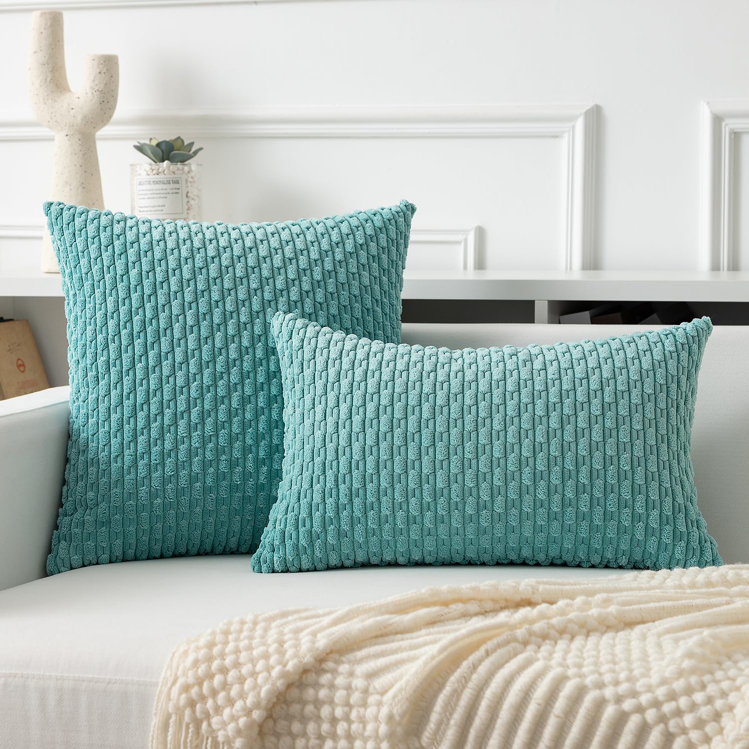 Kevin Textile Throw Pillow Covers Soft Corduroy Decorative Set Of 2 Boho Striped Christmas Pillow Covers Pillowcases Farmhouse Home Decor For Couch Bed Sofa Living Room 16X16 Inch Moss Green