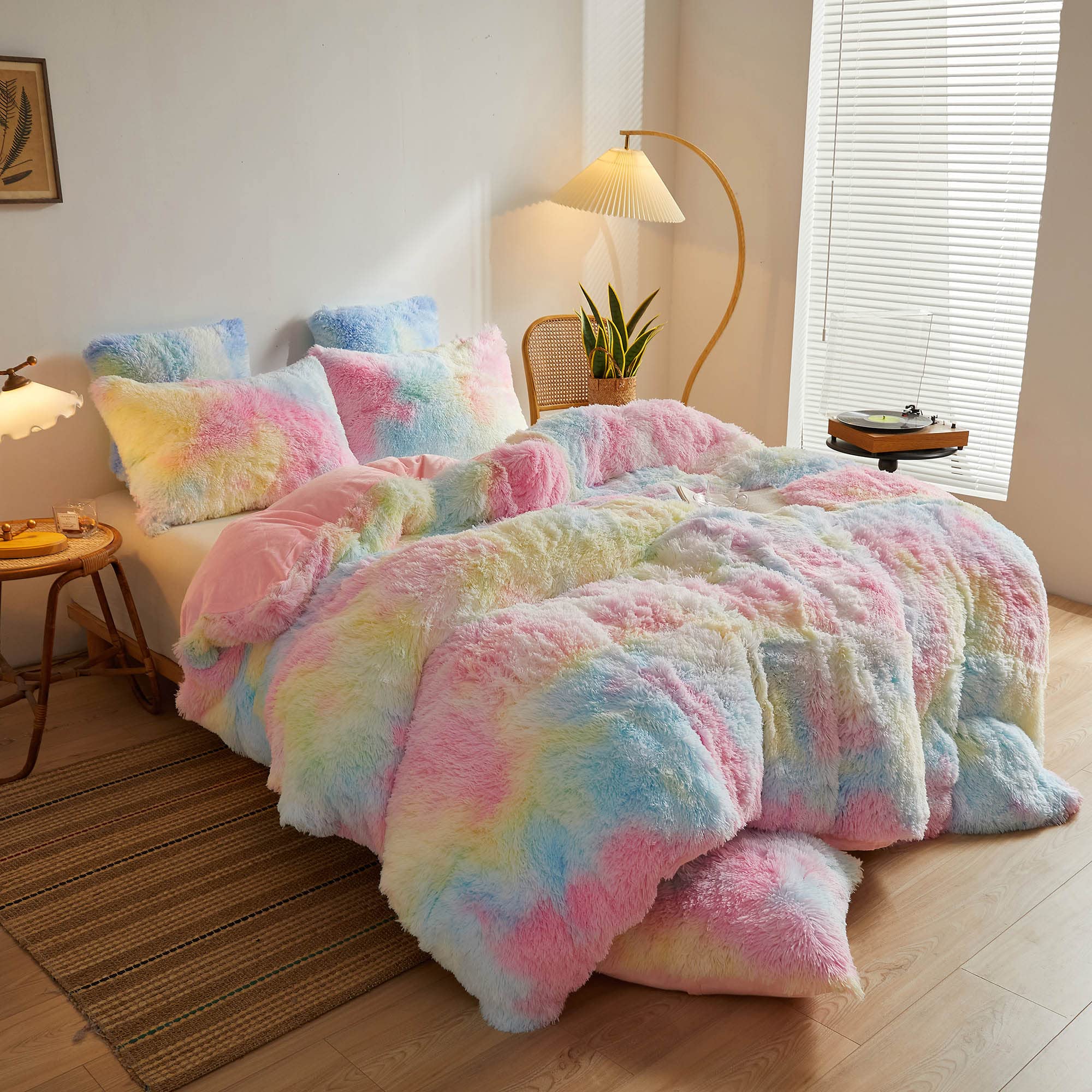 Xege Rainbow Plush Faux Fur Duvet Cover King Size, Tie Dye Print Shaggy Furry Comforter Cover, Soft Colorful Fluffy Fuzzy Velvet