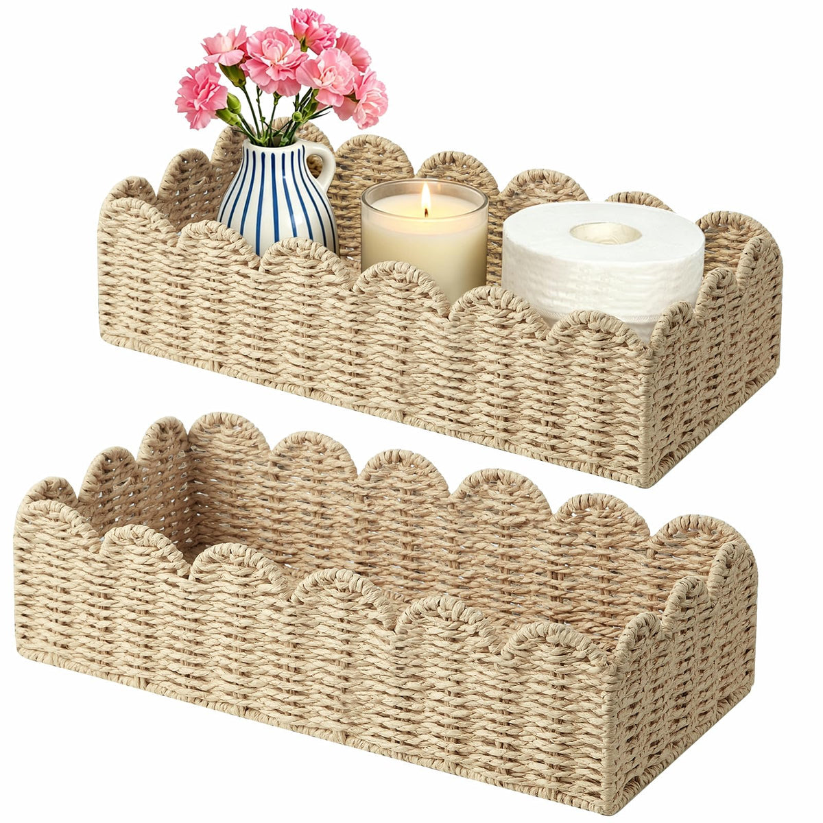 Zanobreva 2 Pack Scalloped Wicker Shelf Baskets,Handwoven Paper Rope Basket Organizer for Toilet Tank & Shelves, Decorative Wove