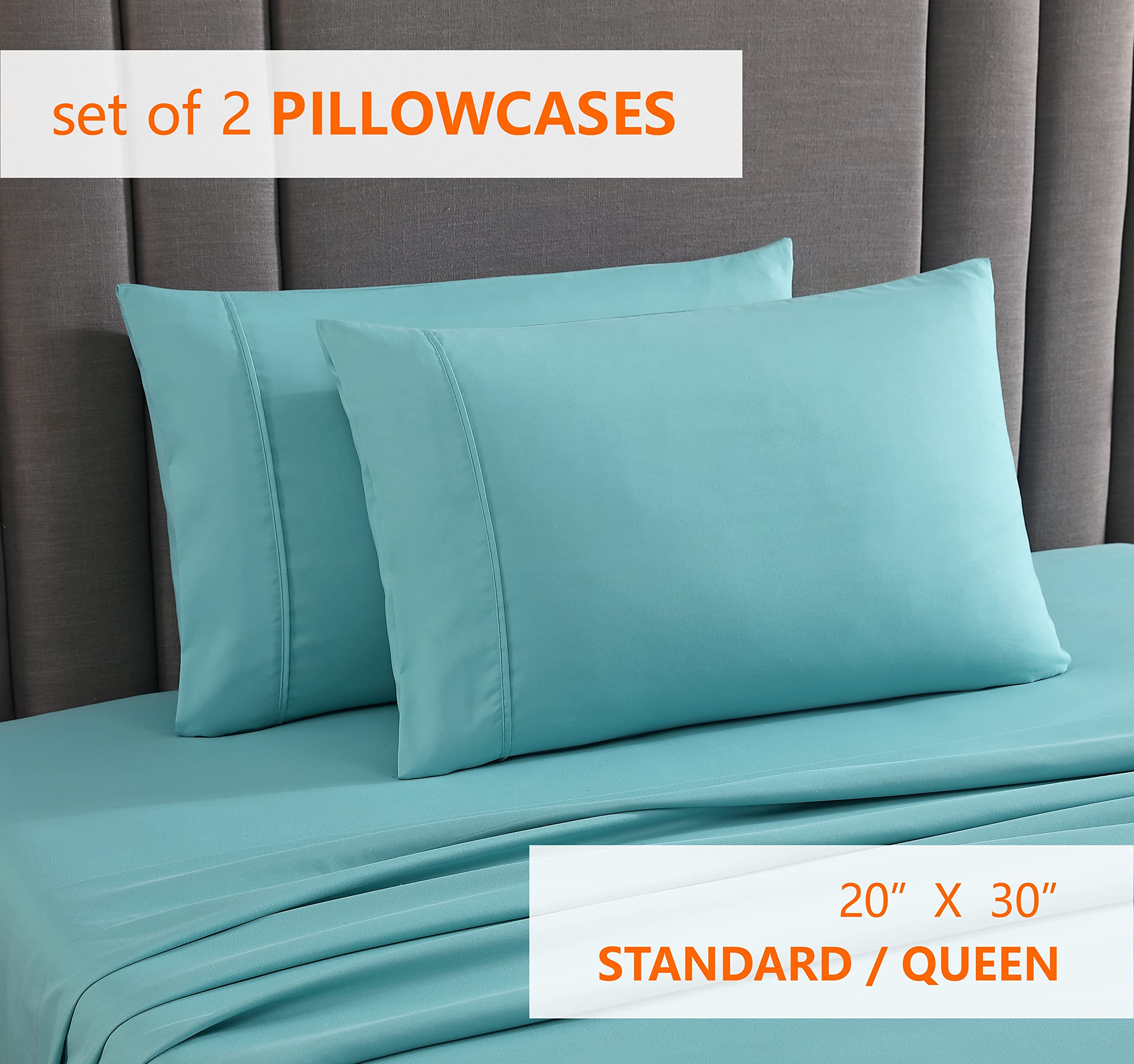 American Home Collection Pillow Case Set Of 2 Double Brushed Microfiber Soft & Easy Care Pillowcases (Aqua, Standard/Queen 20X30)