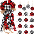 Buffalo Plaid Christmas Tree Topper Decor Wreath Bow Hanging Christmas Plaid Bow and 16 Pieces Buffalo Plaid Ball Ornament Hangi