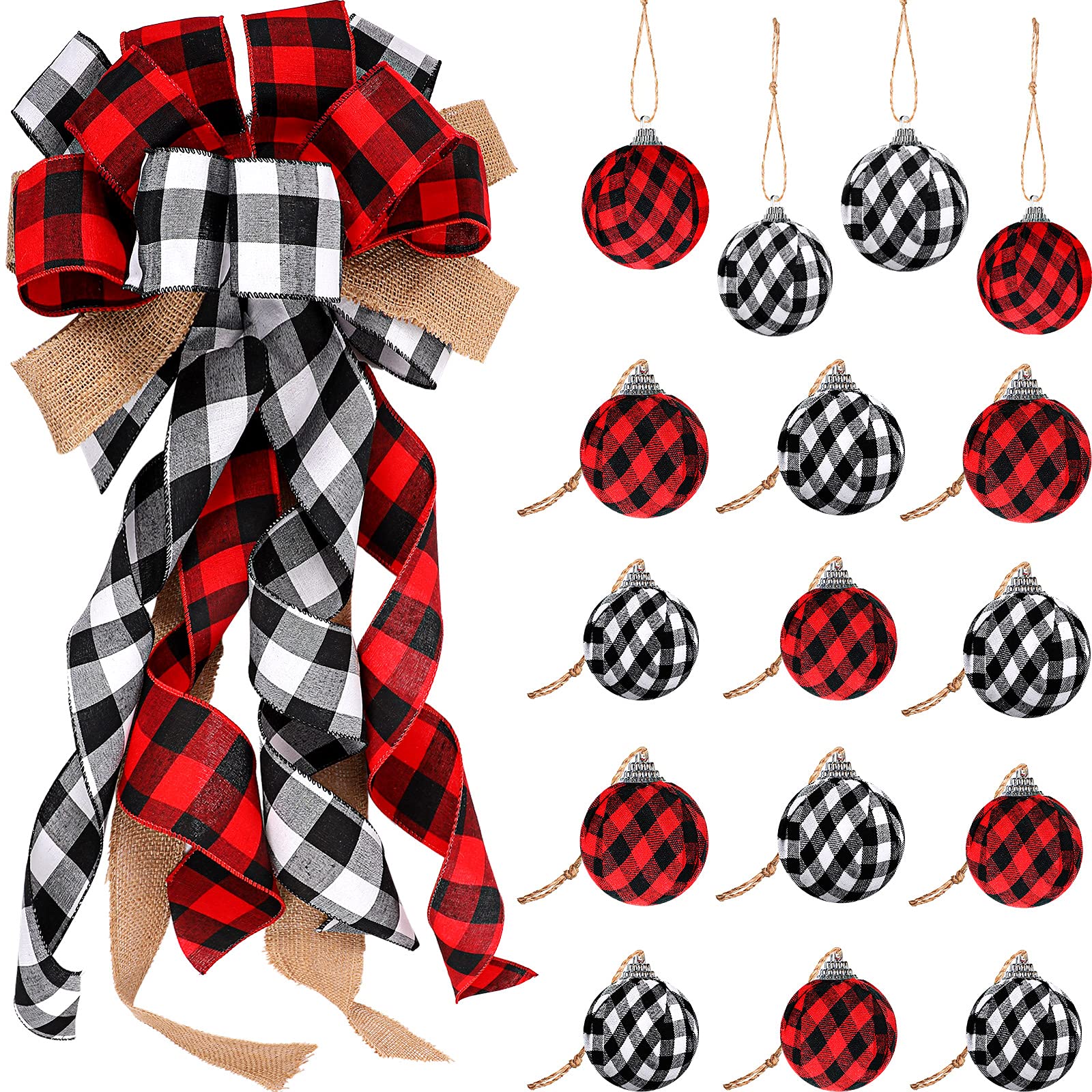 Buffalo Plaid Christmas Tree Topper Decor Wreath Bow Hanging Christmas Plaid Bow and 16 Pieces Buffalo Plaid Ball Ornament Hangi
