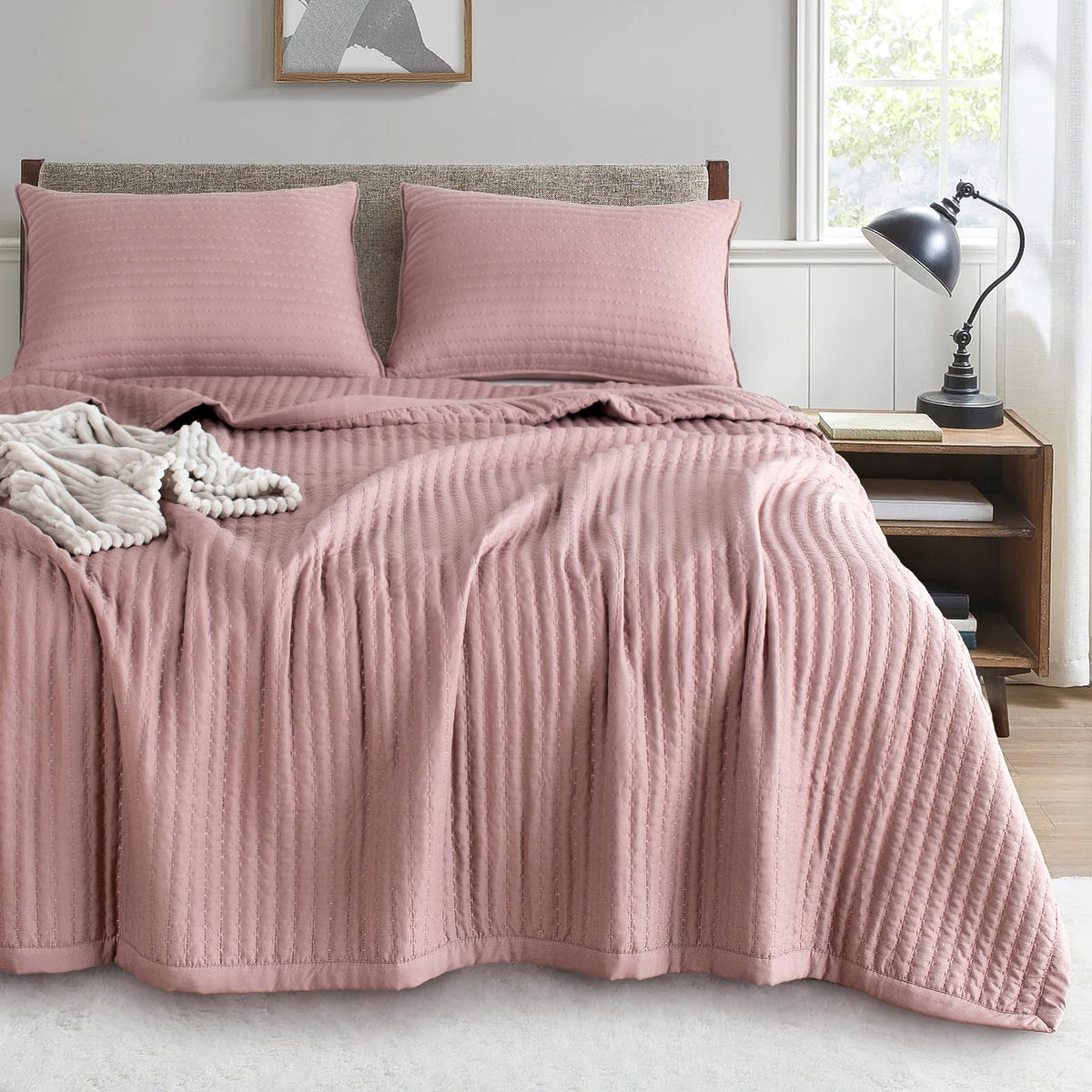 Kasentex Purple Mauve Twin Size Quilt Bedding Set With Pillow-Shams, Lightweight Soft Bedspread, Durable Quilted Blanket Thin Co