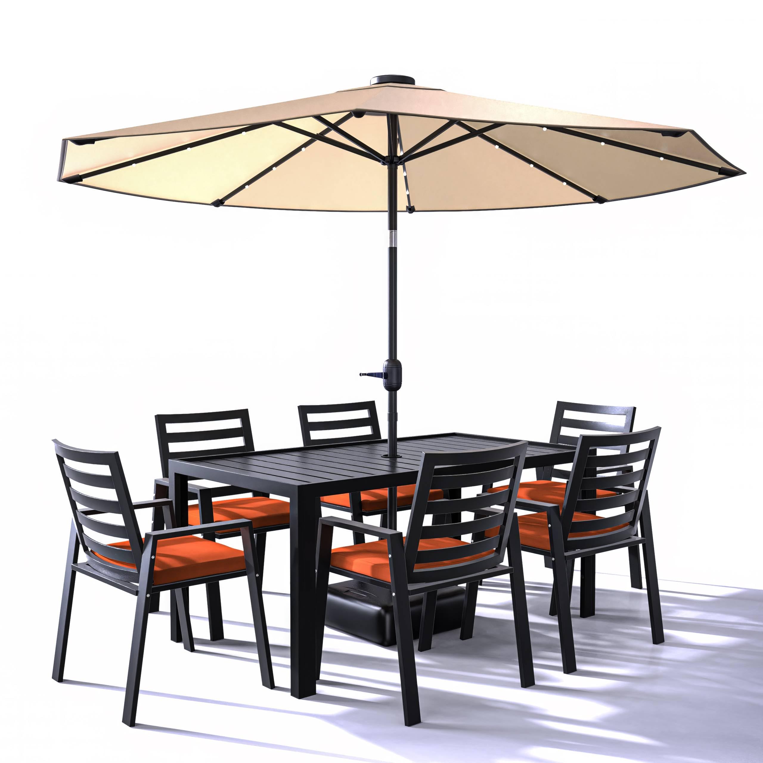 Chelsea Aluminum Outdoor Dining Table With 8 Chairs and Orange Cushions
