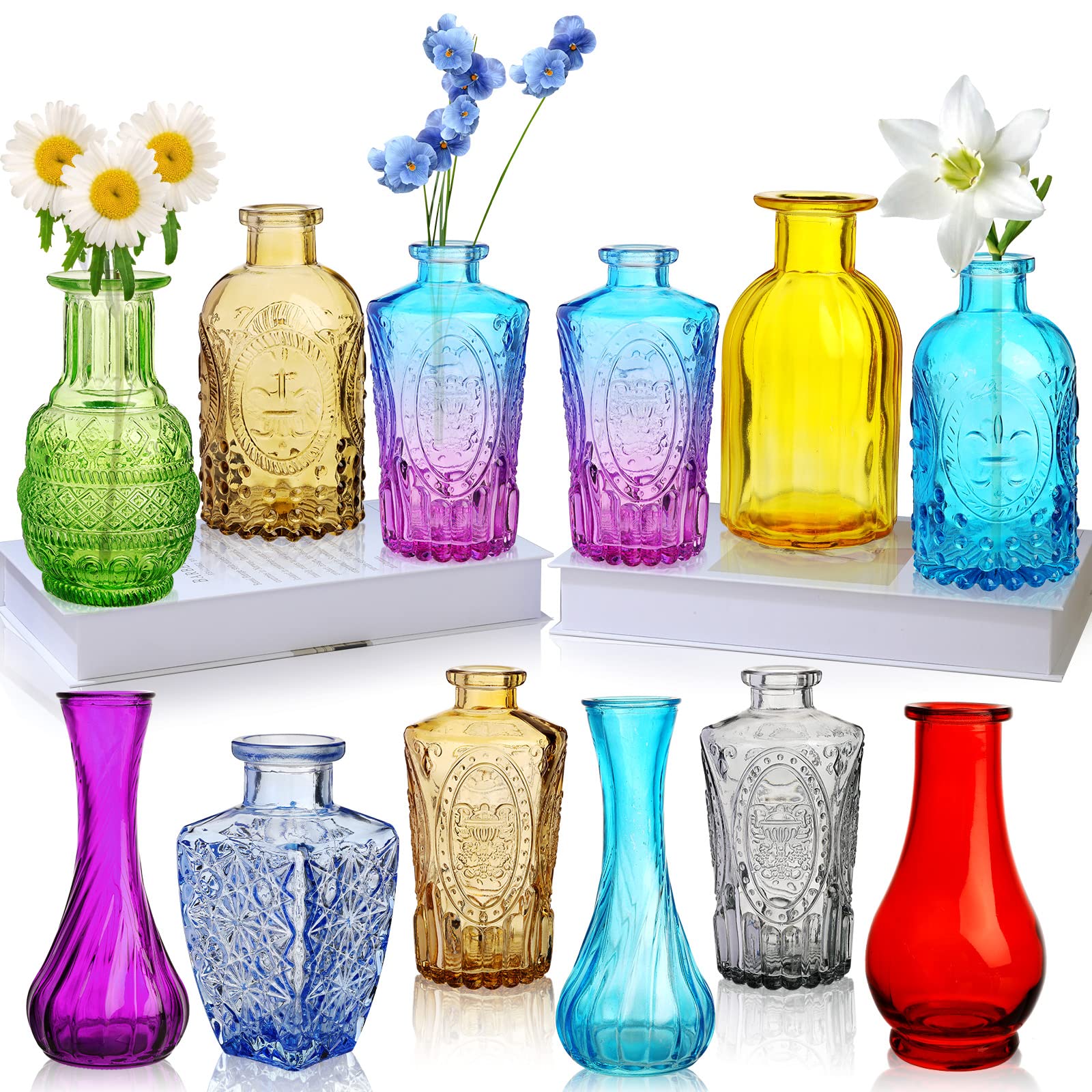 Colored Glass Bud Vase Set of 12,Small Vintage Bud Vases in Bulk,Mini Decor Vintage Vase for Centerpiece, Office, Garden, Home, 