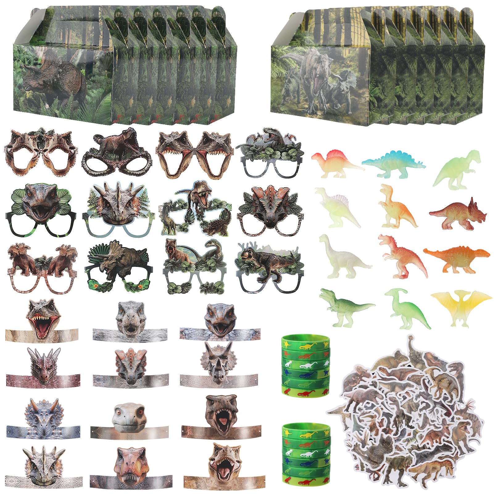 Guiqulai 110PCS Dinosaur Birthday Party Favors Set - Fun Dinosaur Glasses,Headbands,Mini Figures,Stickers&Bracelets for Kids Par