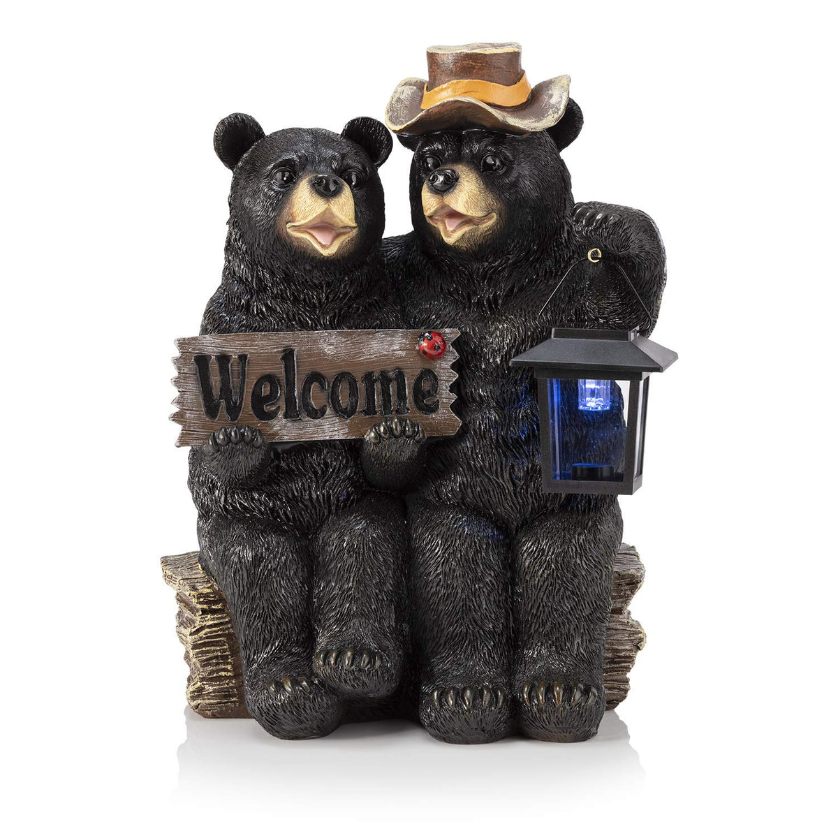 Alpine Corporation 15' Tall Outdoor Bear Couple With Lantern And Welcome Sign Statue With Solar Led Light Yard Art Decoration