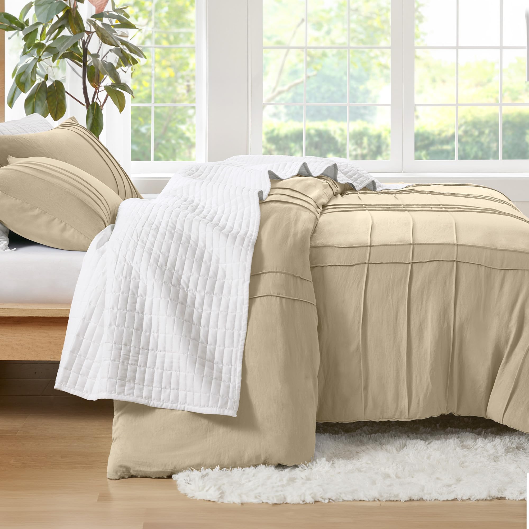Comfort Spaces Khaki King Size Duvet Cover Set - 3-Pc Pintuck Pleated Duvet Cover King, All Season Lightweight, Extra Softness Pre-Washed Microfiber King Bed Cover Shams, King