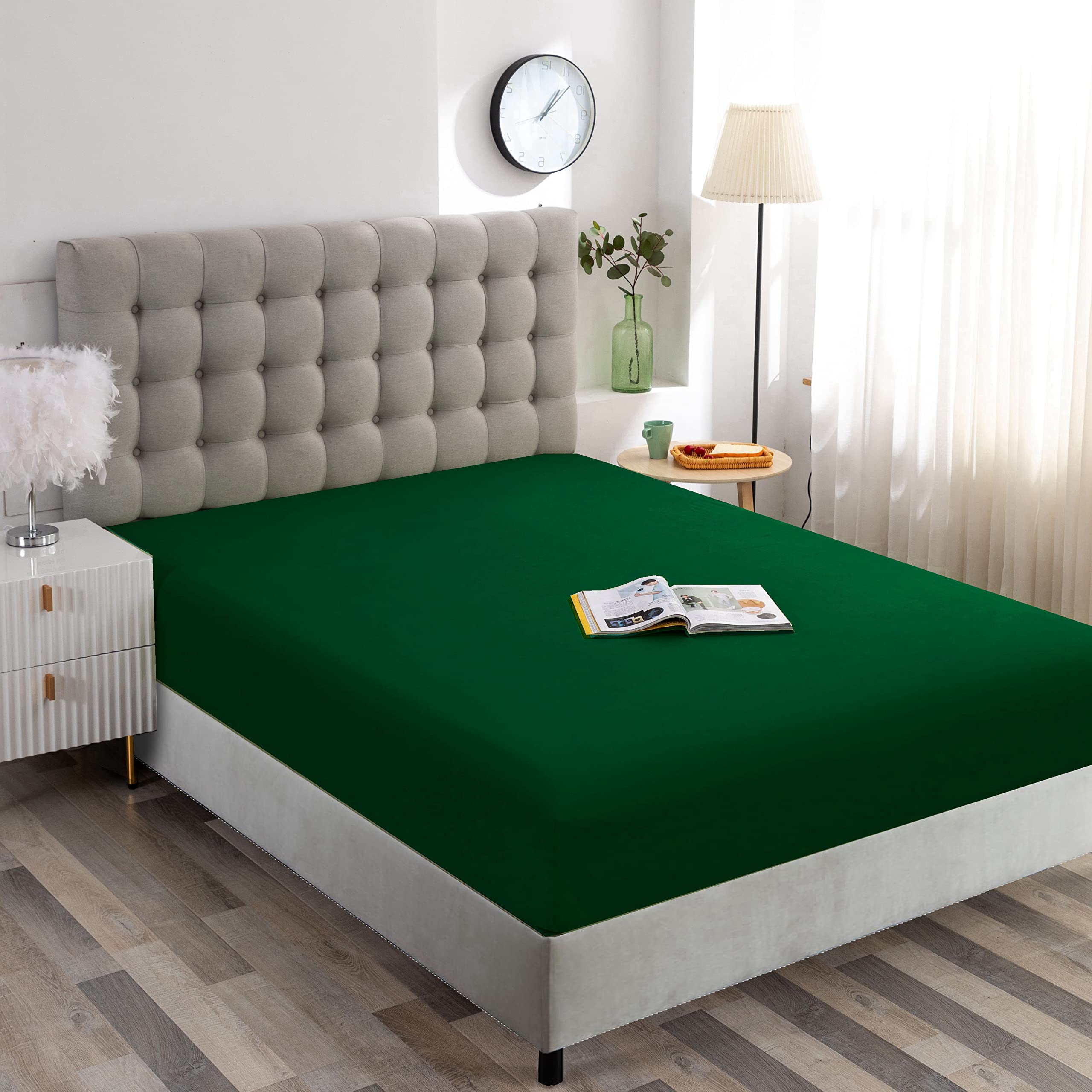 Ghooss Twin Size Fitted Sheet Soft,Single Fitted Deep Pocket Sheet,Wrinkle,Fade And Stain Resistant,1 Pack,Forest Green