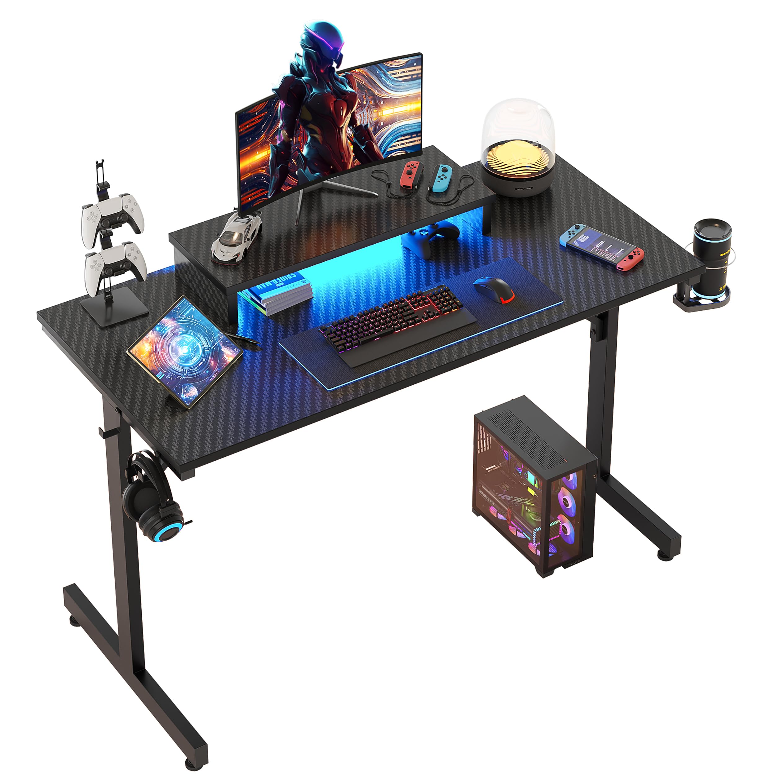 Bestier Small Gaming Desk With Monitor Stand, 42 Inch Led Computer Desk, Gamer Desk With Cup Holder & Headset Hooks, Modern Simple Style Desk For Home Office Ps5 Small Spaces, Carbon Fiber Black