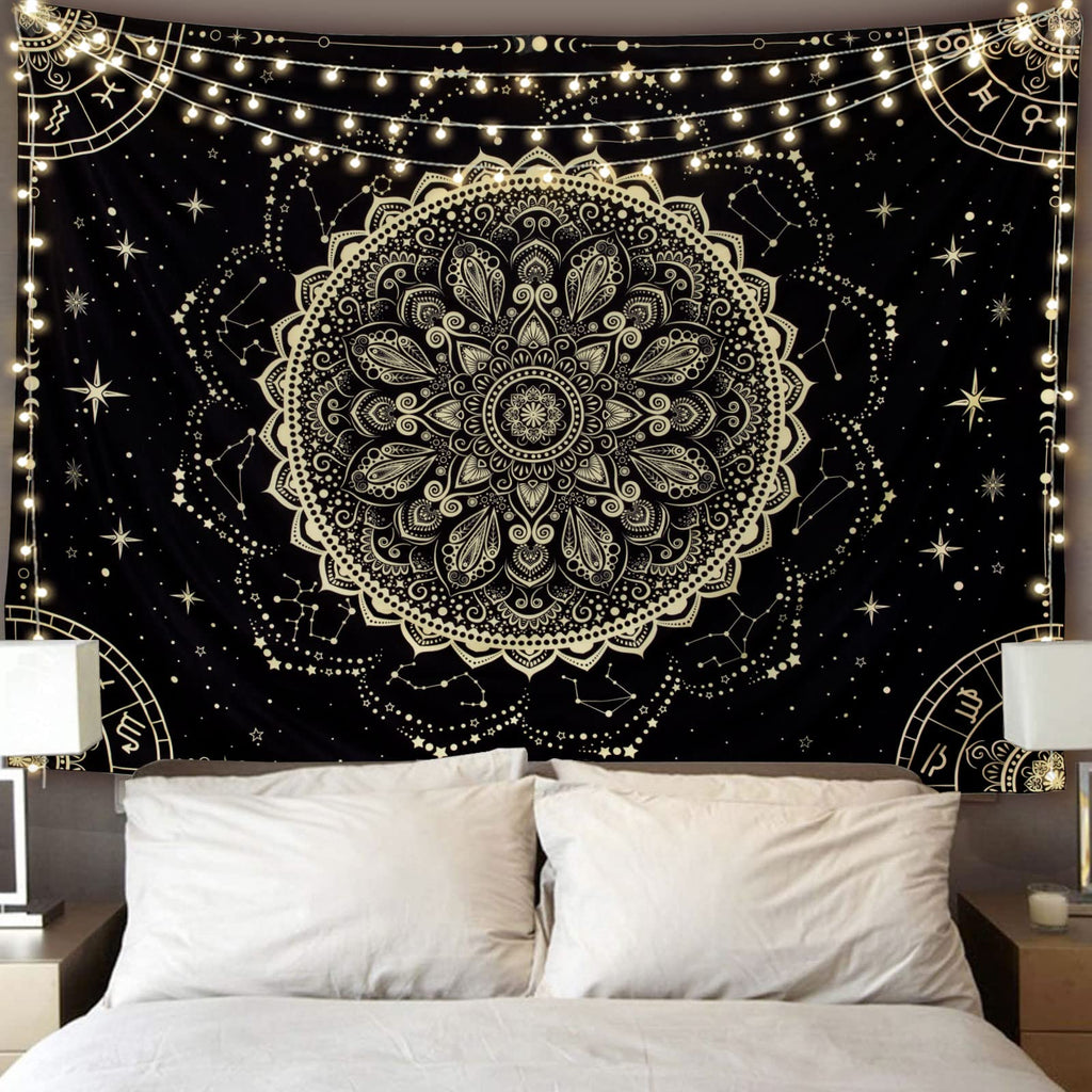 Fly Spray Black Golden Mandala Tapestry Astrology Wall Hanging Wall Tapestry Aesthetic Hippie Wall Decor Bohemian Wall Art Boho