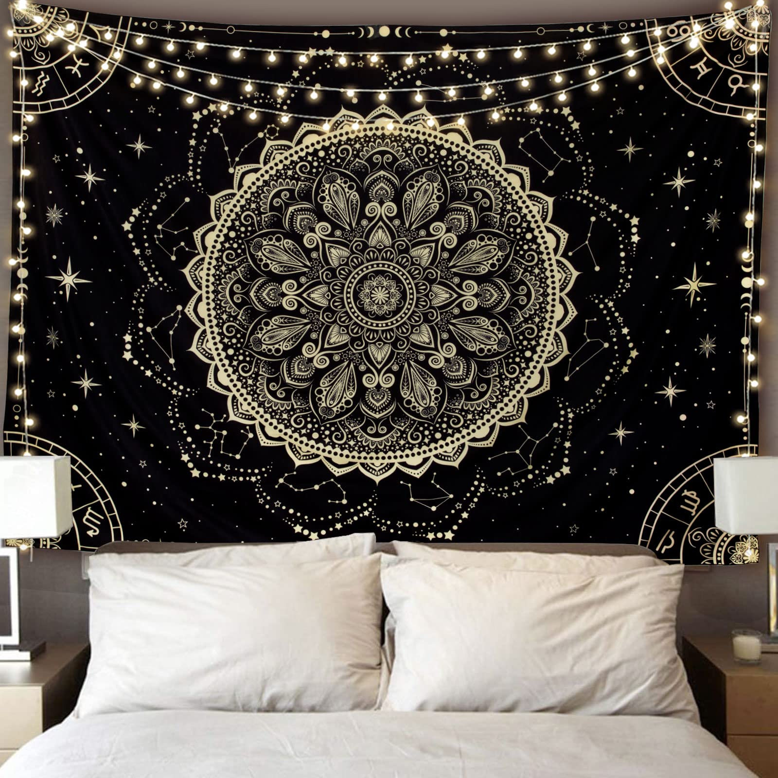 Fly Spray Black Golden Mandala Tapestry Astrology Wall Hanging Wall Tapestry Aesthetic Hippie Wall Decor Bohemian Wall Art Boho