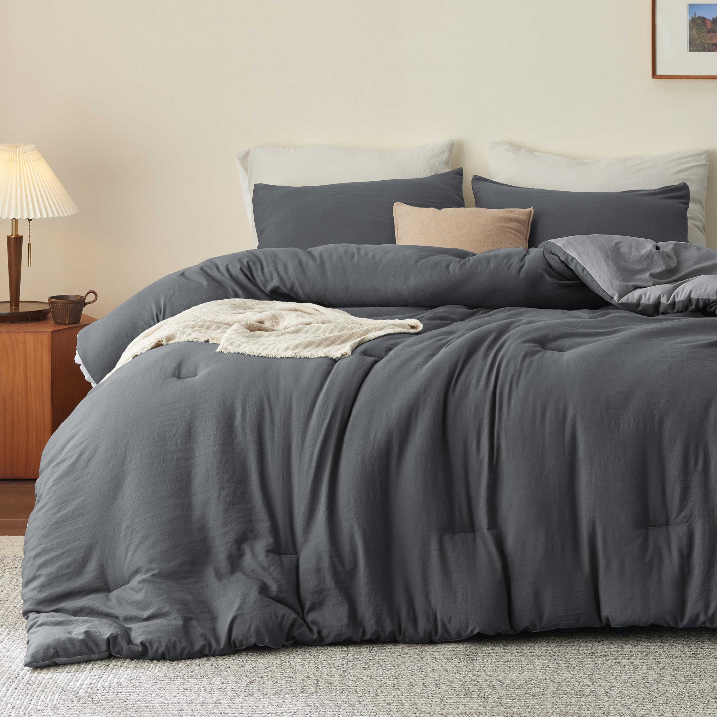 Bedsure Queen Size Comforter Set, Reversible Grey Soft Prewashed Bedding For All Seasons, 3 Pieces Warm Down Alternative Bed Set, 1 Lightweight Comforter (90'X90') And 2 Pillowcases (20'X26')