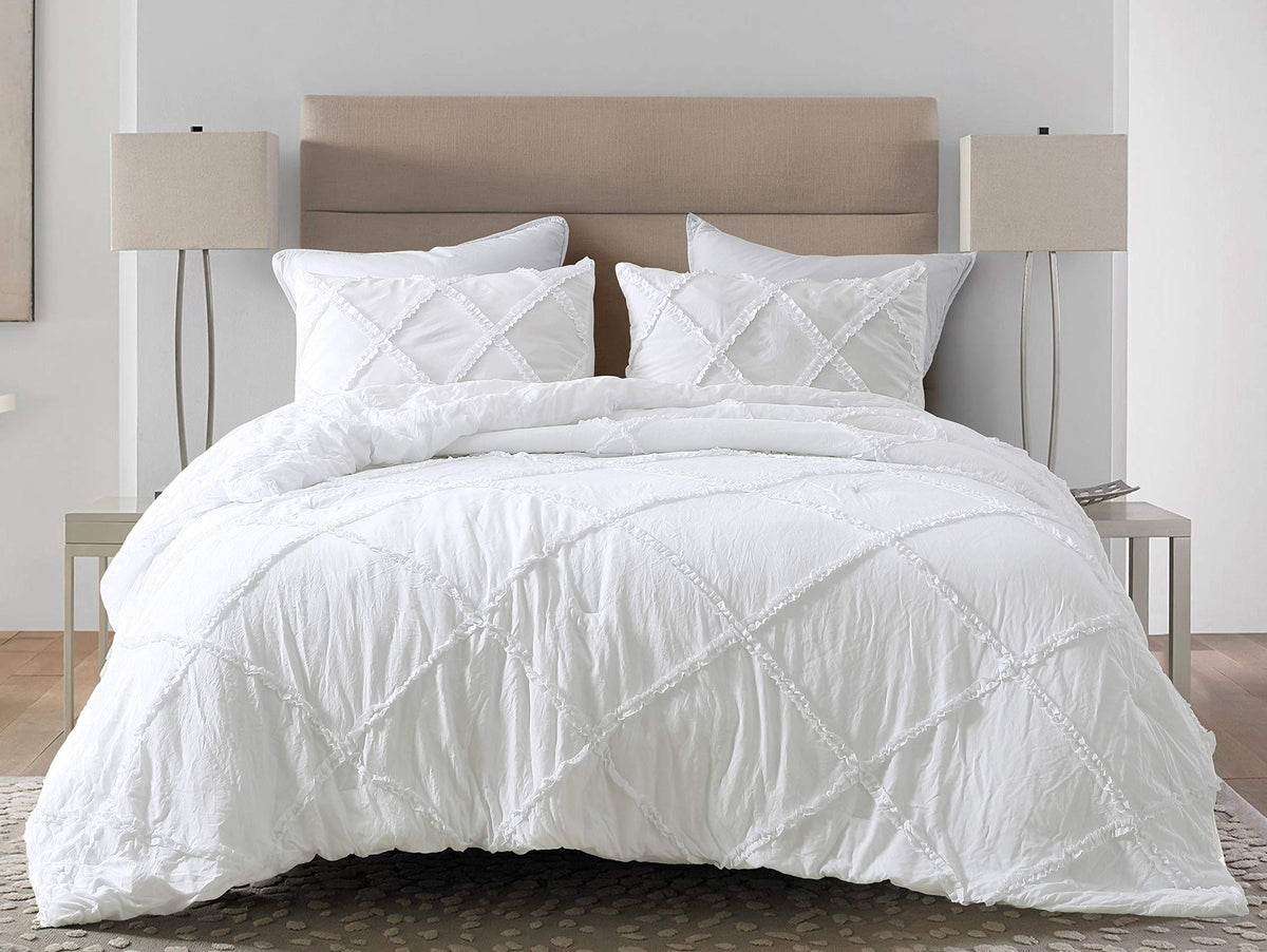 Chezmoi Collection Vivian 3-Piece Diamond Ruffle Quilted Trim Soft Washed Microfiber Comforter Set (King, White)
