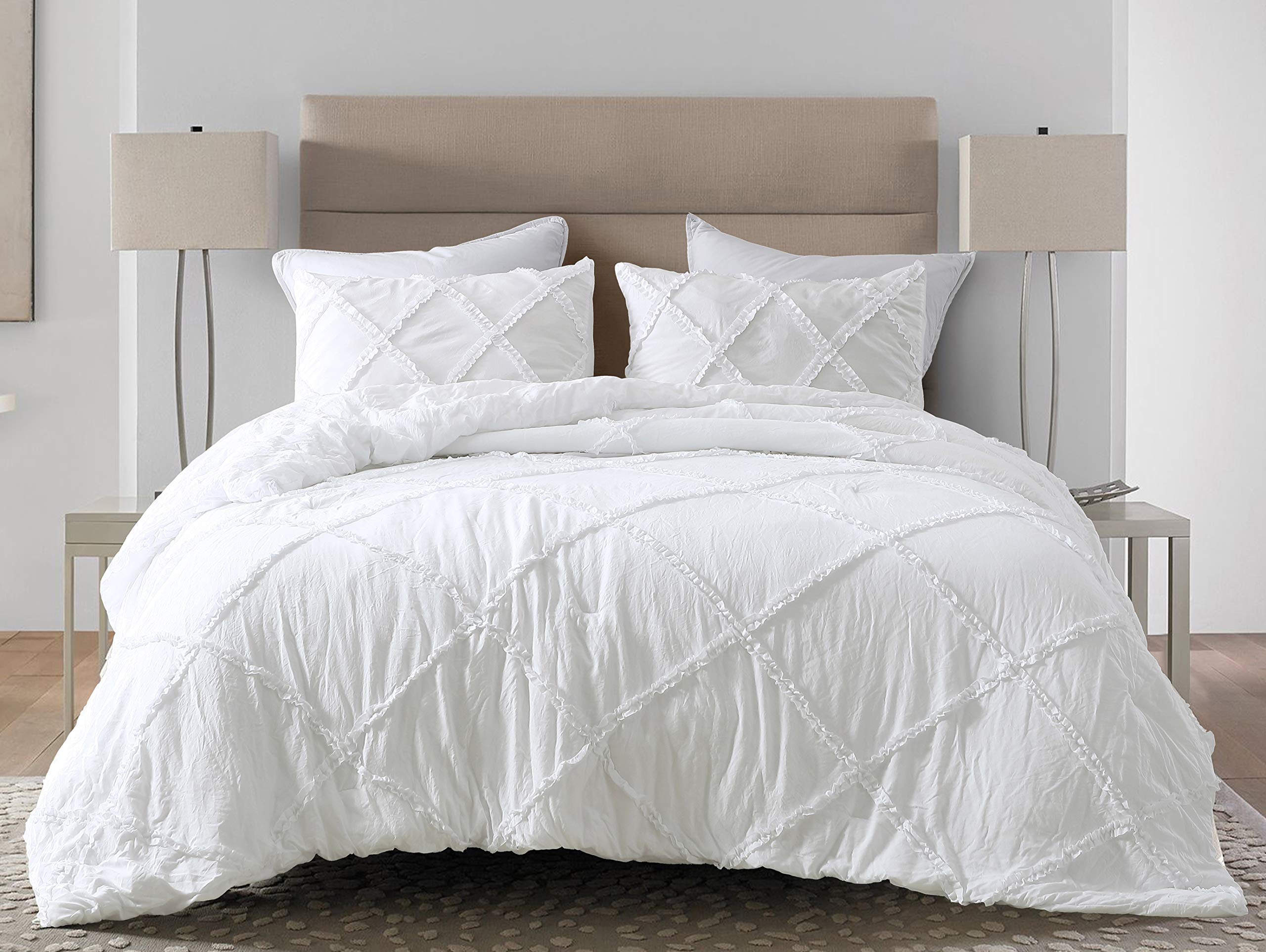 Chezmoi Collection Vivian 2Piece Diamond Ruffle Quilted Trim Soft Washed Microfiber Comforter Set (Twin, White)