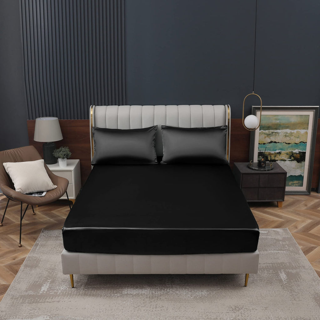 Homiest Black Satin Fitted Sheet King Size Fitted Bed Sheet, Deep Pocket Fitted Sheet Only, Luxury & Ultra Soft Bedding Fitted Sheet Single Bottom Bed Sheets Sold Separately