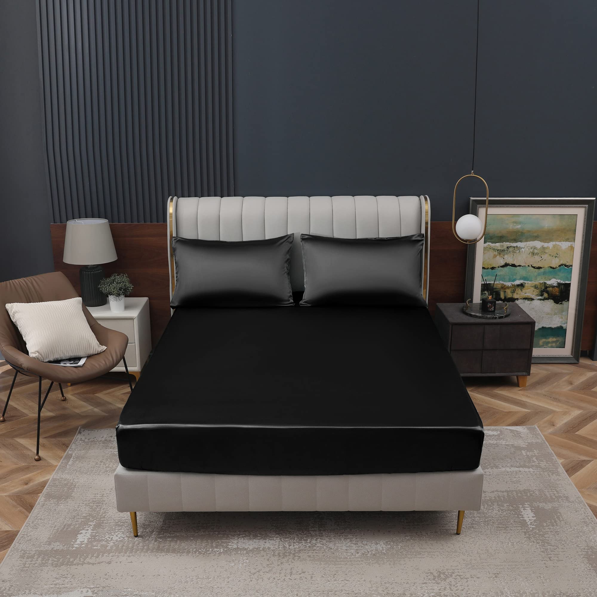 Homiest Black Satin Fitted Sheet King Size Fitted Bed Sheet, Deep Pocket Fitted Sheet Only, Luxury & Ultra Soft Bedding Fitted Sheet Single Bottom Bed Sheets Sold Separately
