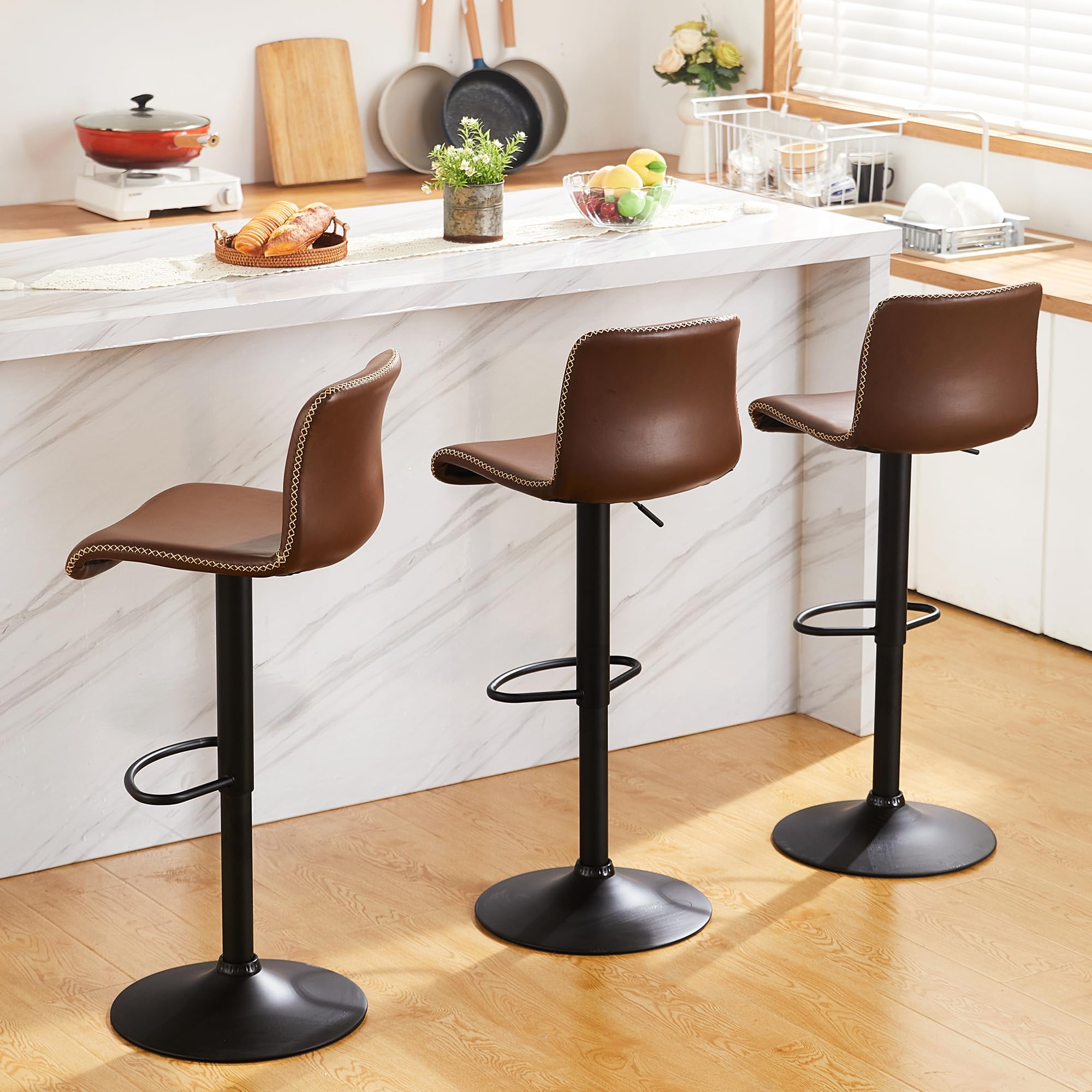 HeuGah Swivel Bar Stools Set of 3, Counter Height Bar Stools with Back, Adjustable Bar Stools 24 to 32, Brown Faux Leather Bar S
