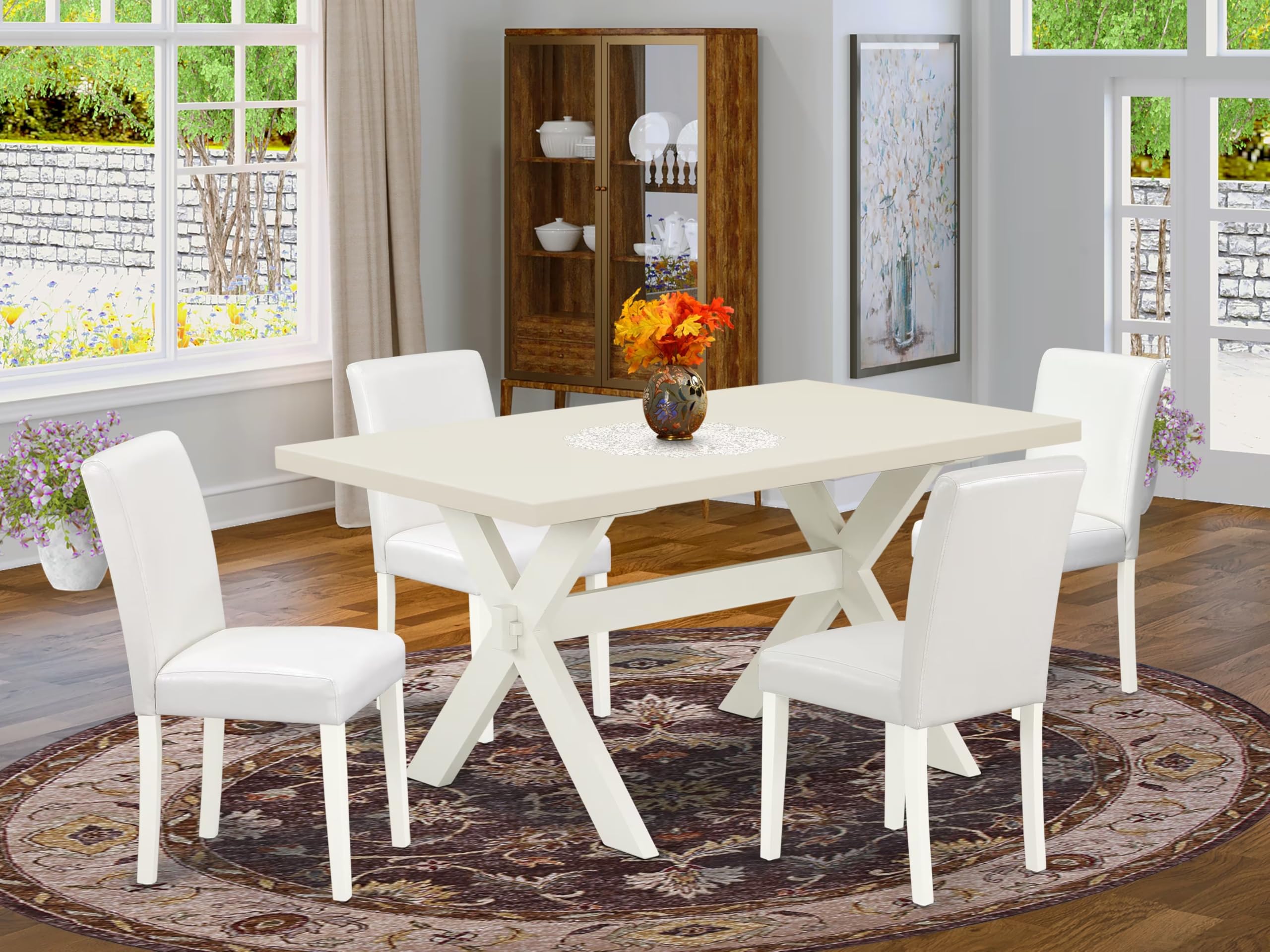 East West Furniture X026Ab264-5 5 Piece Dining Set Includes A Rectangle Dining Room Table With X-Legs And 4 White Faux Leather Upholstered Parson Chairs, 36X60 Inch, Multi-Color