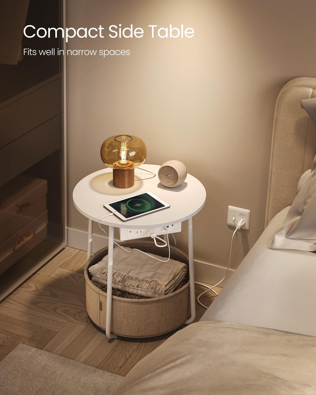 Vasagle Side Table With Charging Station, Round End Table With Fabric Basket, Nightstand With Power Outlets Usb Ports, For Living Room, Bedroom, Modern, Matte White And Camel Brown Ulet228W01