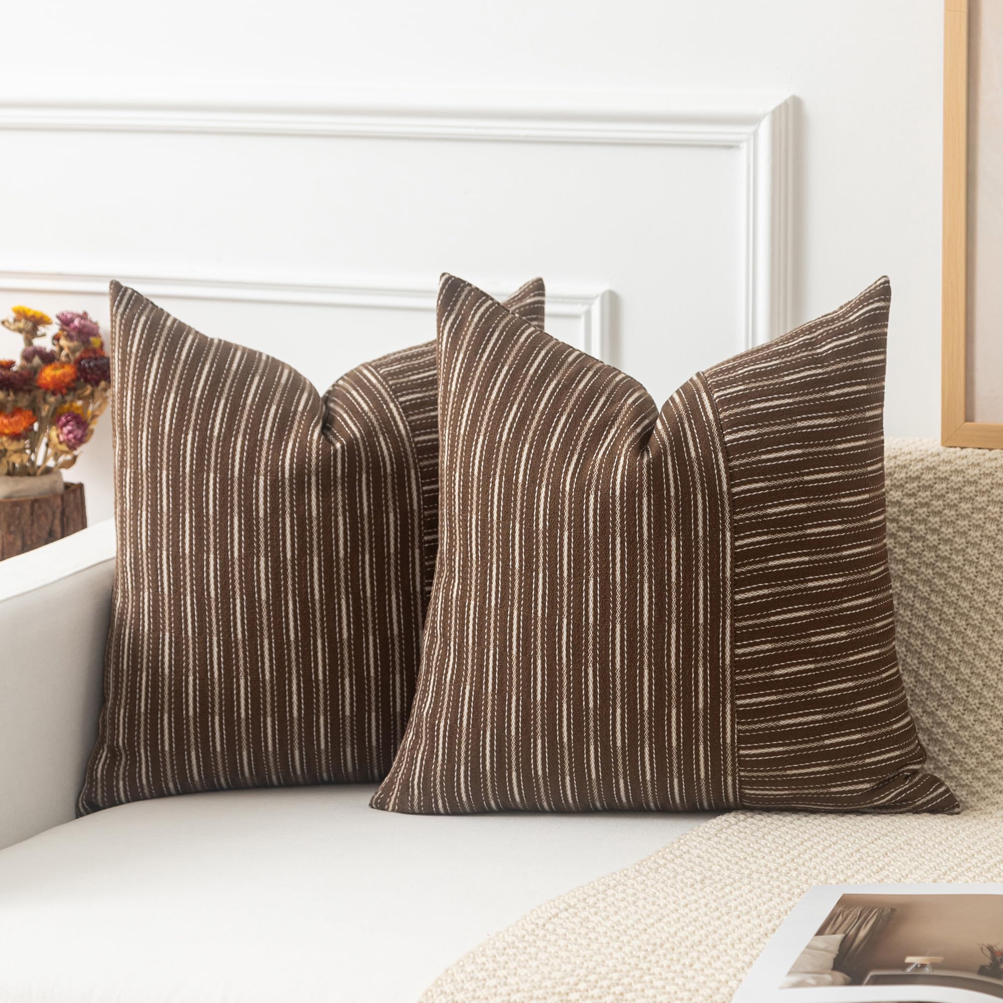 Kevin Textile Brown And Beige Farmhouse Striped Patchwork Linen Decorative Throw Pillows Covers 18X18, Set Of 2, Modern Accent Square Cushion Covers For Couch Chair Bedroom Fall Decorations