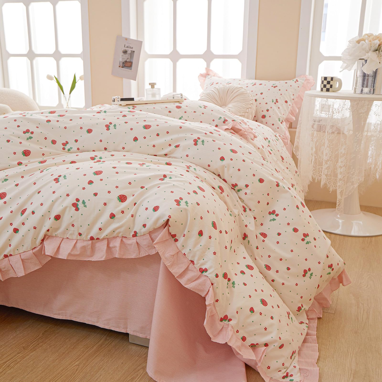 Kawaii Pink Strawberry Duvet Cover Queen Cotton Girls Lace Duvet Cover Cute Ruffle Strawberry Bedding Set Kawaii Strawberry Ruff