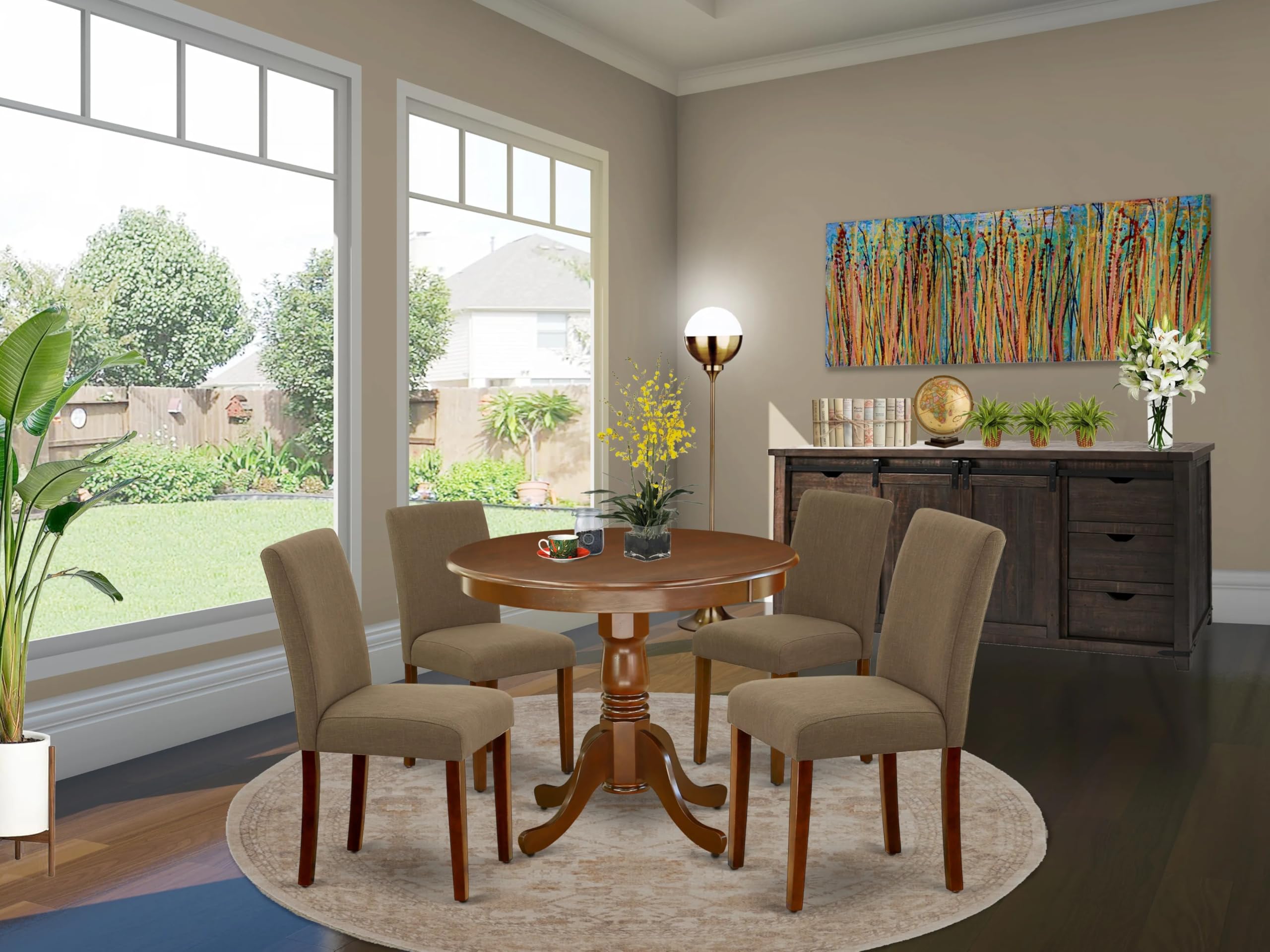 East West Furniture Anab5-Mah-18 5 Piece Dining Table Set For 4 Includes A Round Kitchen Table With Pedestal And 4 Coffee Linen Fabric Upholstered Chairs, 36X36 Inch, Mahogany