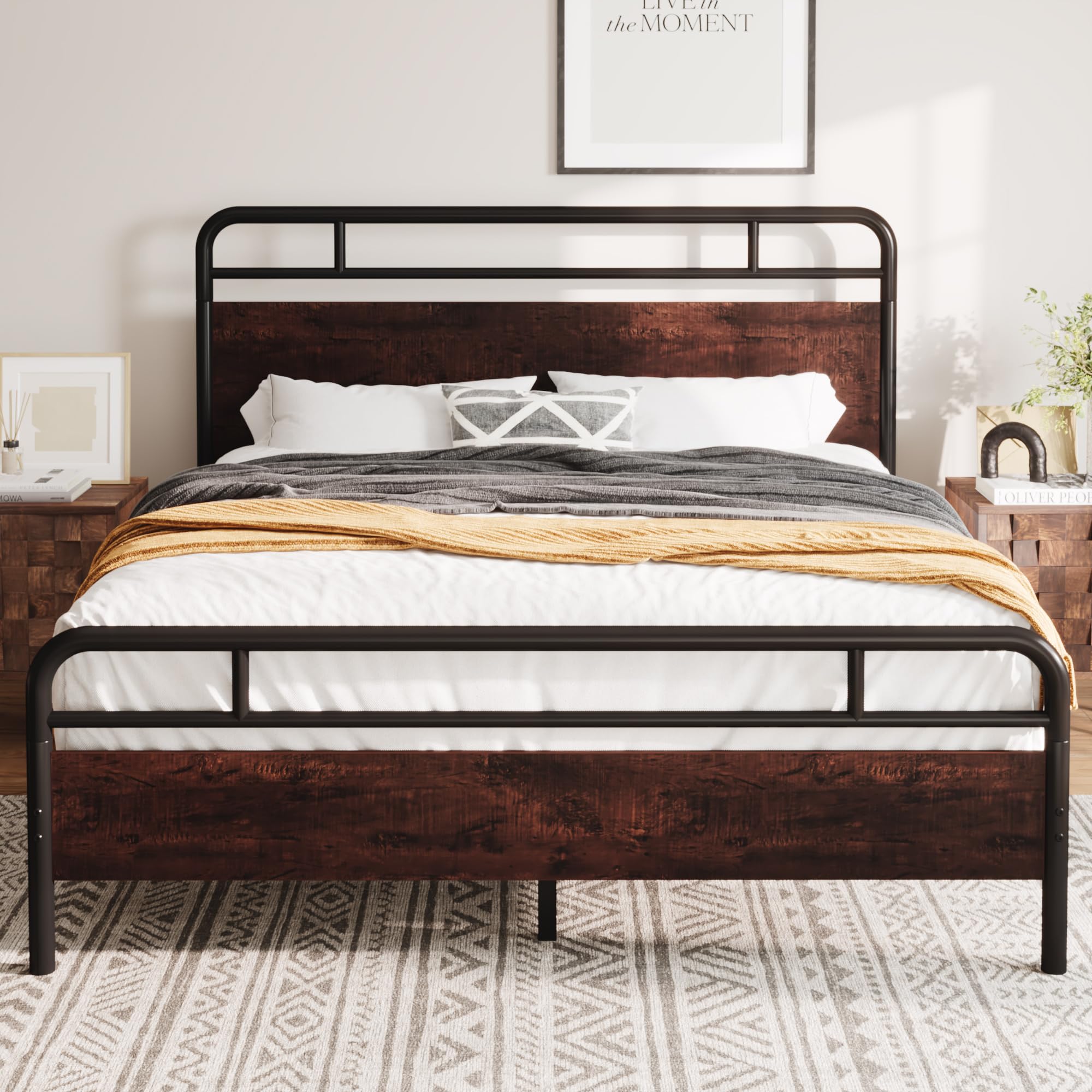 Allewie Queen Size Platform Bed Frame with Wooden Headboard and Footboard, Heavy Duty 13 Metal Slats Support, Under Bed Storage,