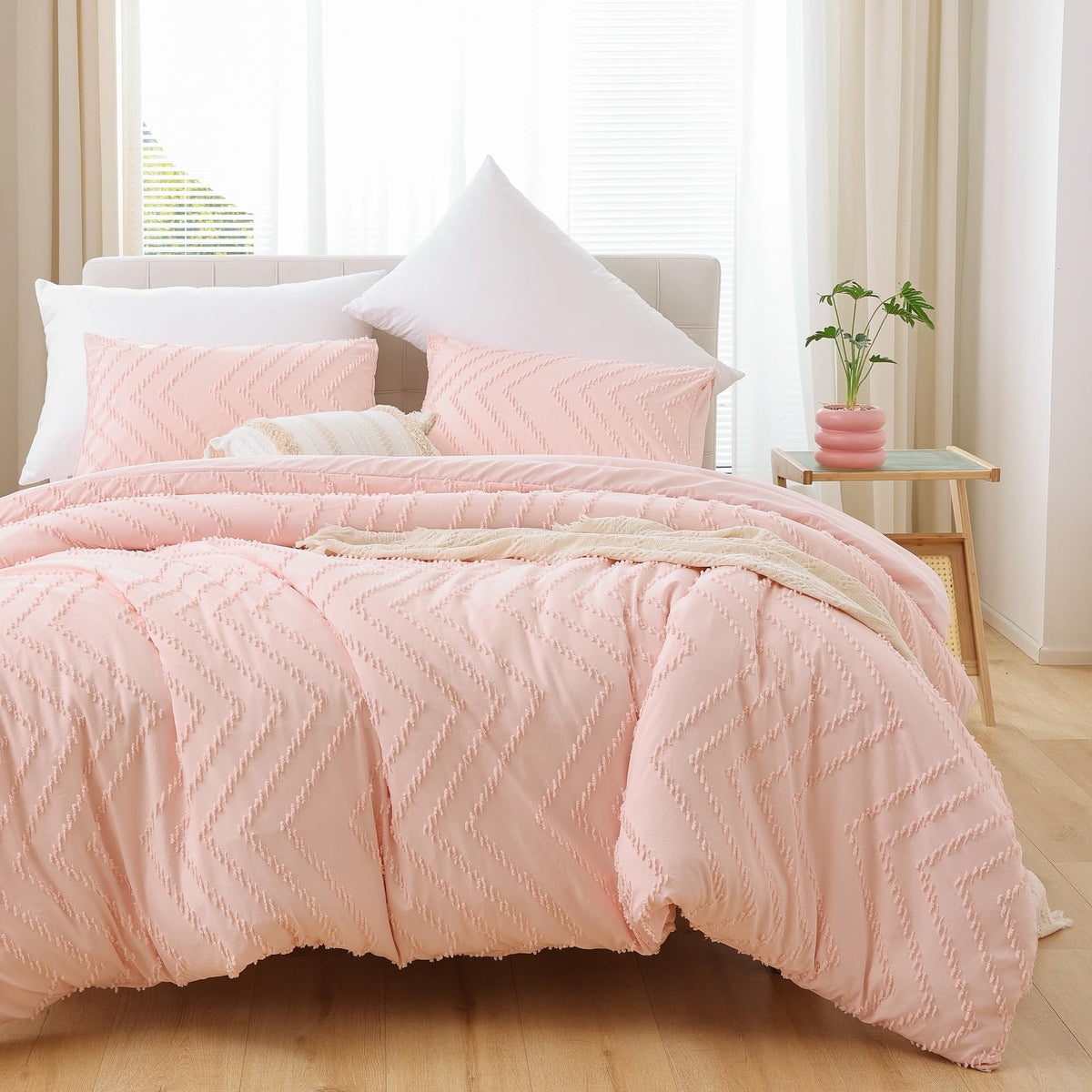Yirddeo Pink Full Size Comforter Set 3Pcs, Boho Blush Full Comforter Set Farmhouse Full Size Bedding Set, Vertical Tufted Full B