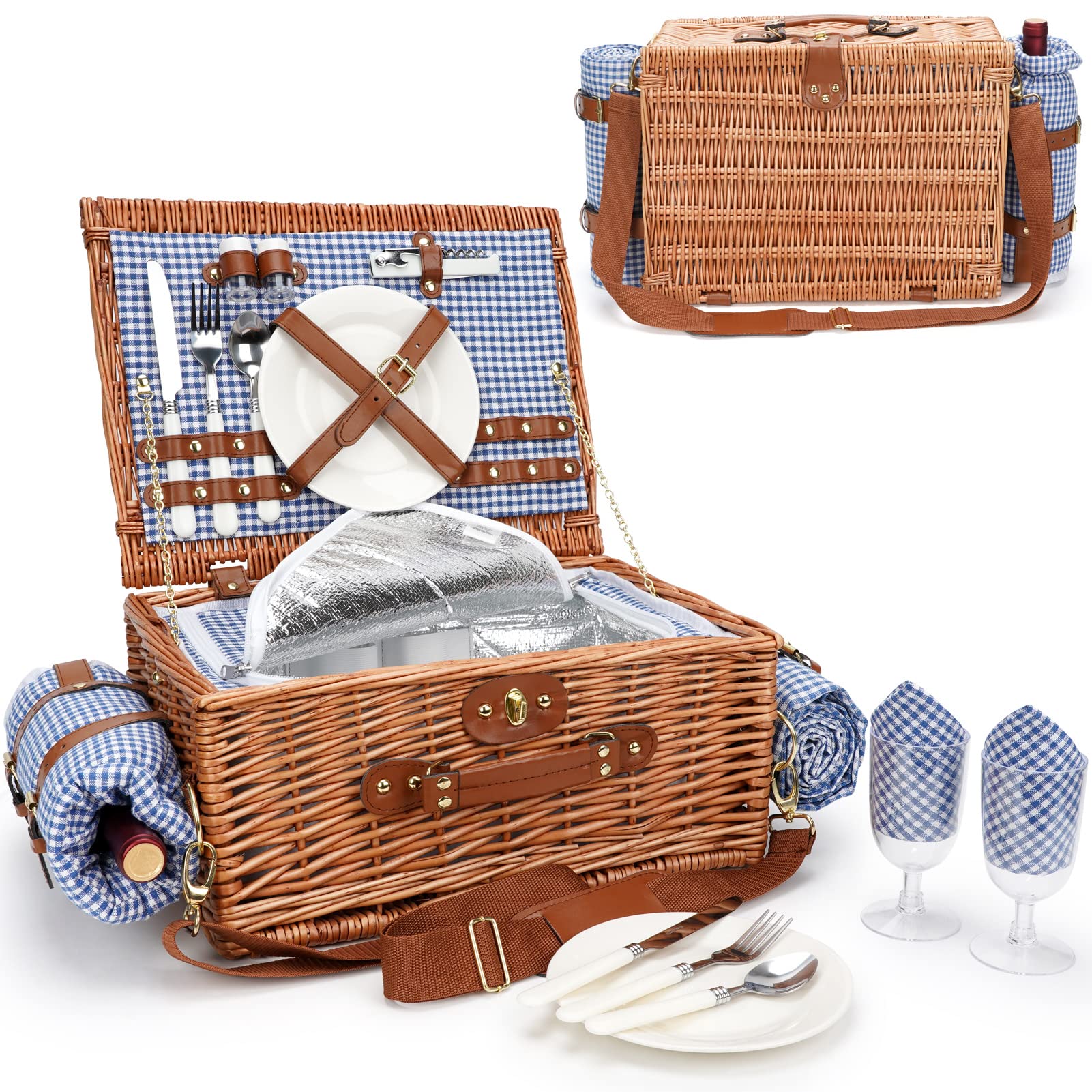 Picnic Baskets For 2, Picnic Basket With Waterproof Blanket, Picnic Basket Set With Washable Beach Mat & Large Insulated Cooler