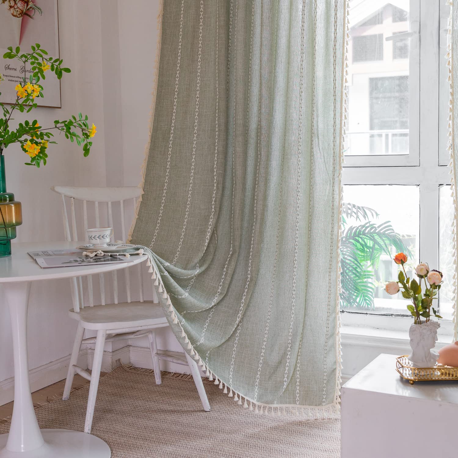 Boho Curtains Embroidery Striped Linen Curtains 96 Inches Long 2 Panels For Bedroom Sage Green Farmhouse Curtains Bohemian Light