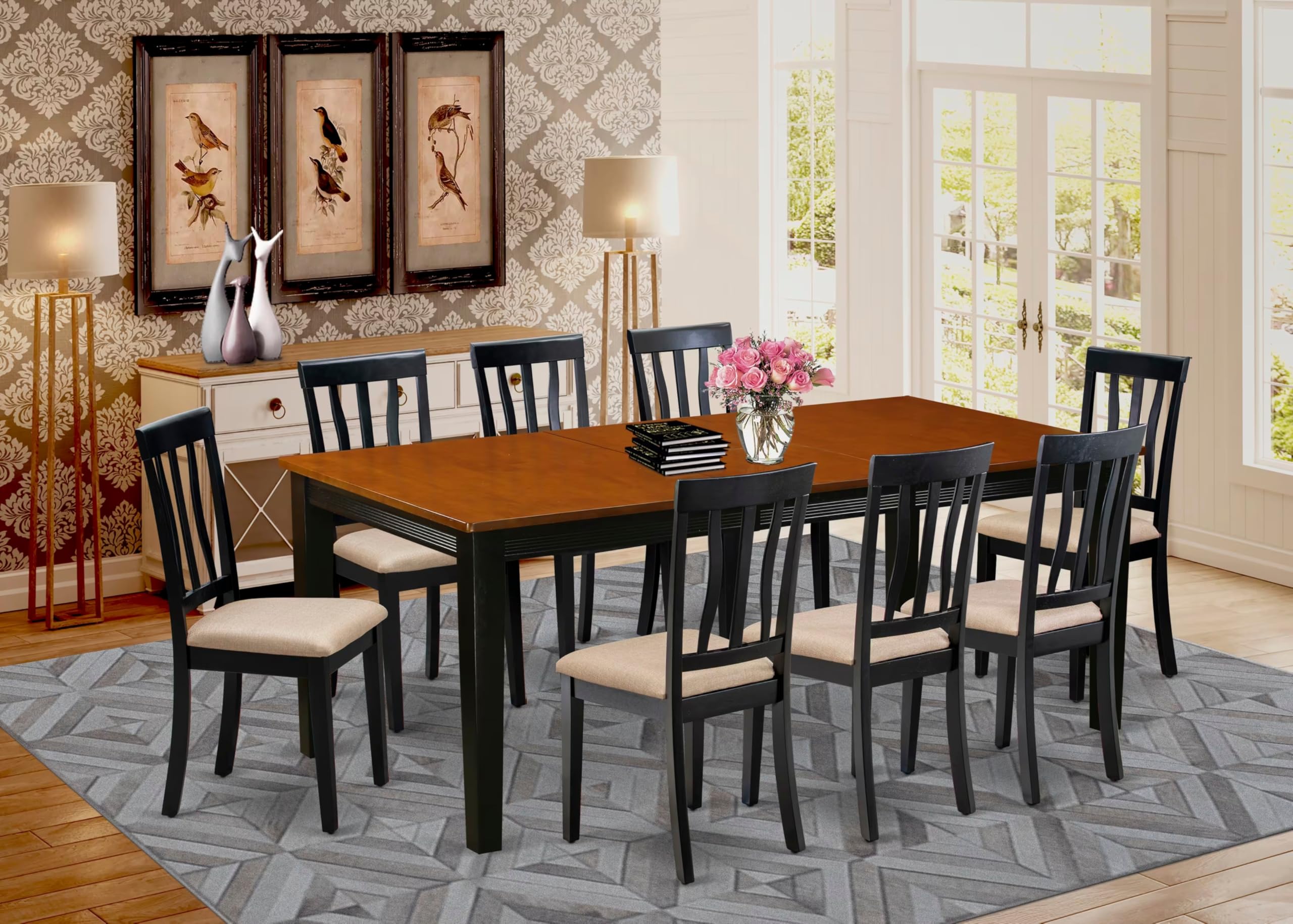 East West Furniture QUAN9-BCH-C 9 Piece Kitchen Table Set Includes a Rectangle Dining Table with Butterfly Leaf and 8 Linen Fabric Dining Room Chairs, 40x78 Inch, Black & Cherry