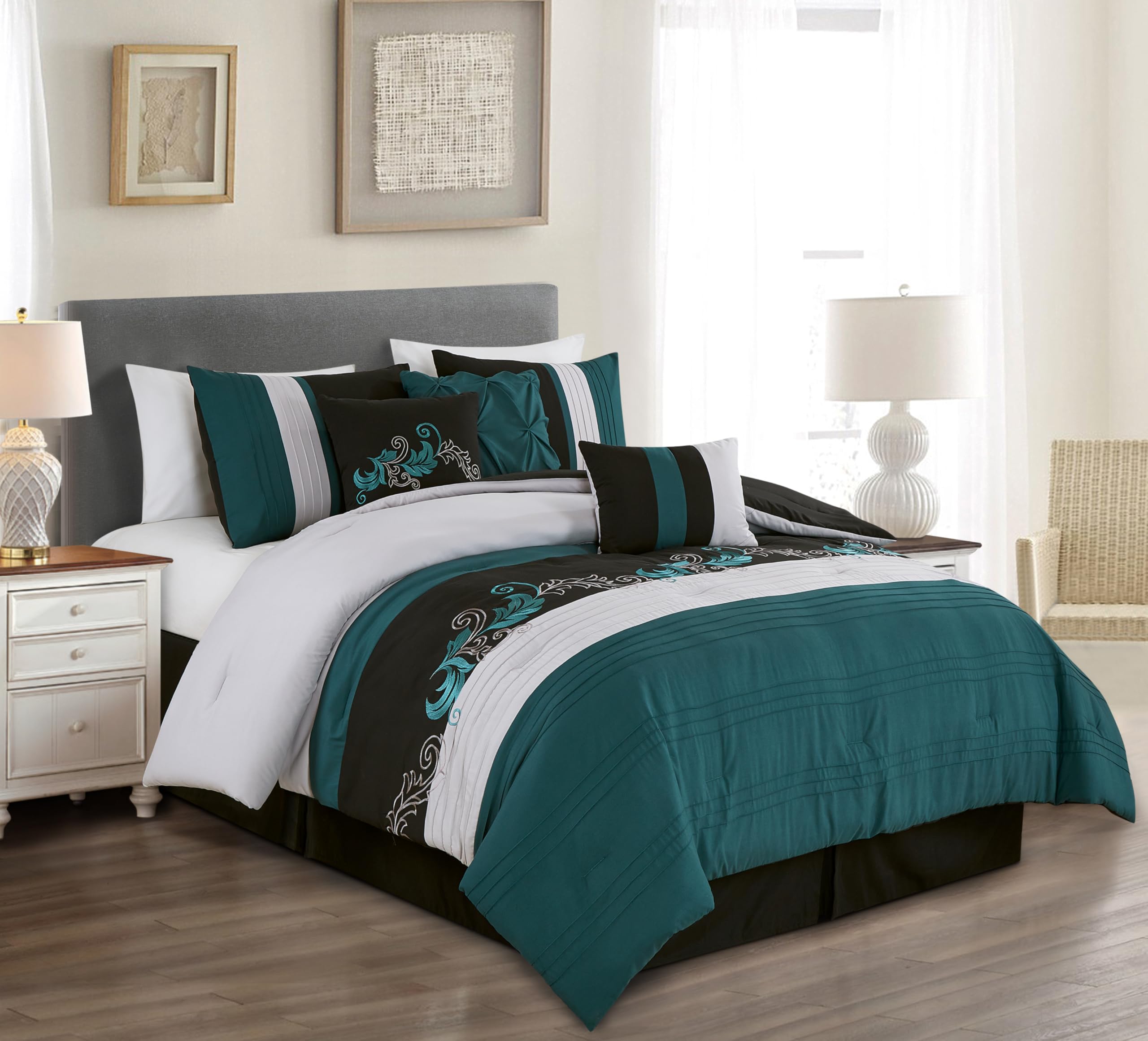 Chezmoi Collection Napa 7-Piece Luxury Leaves Scroll Embroidery Bedding Comforter Set (Queen, Teal/Black/Gray)