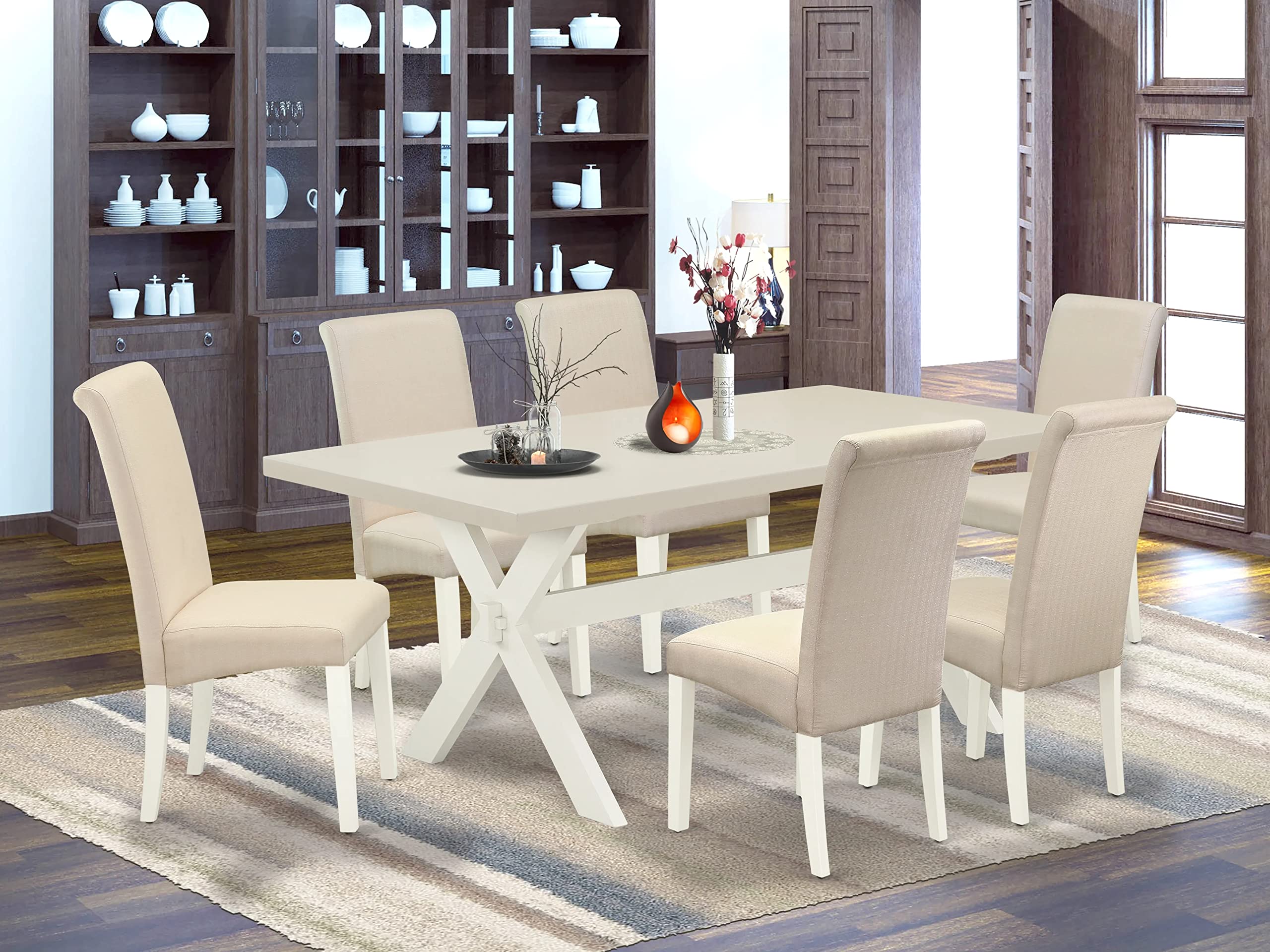 East West Furniture X027Ba201-7 7 Piece Dining Table Set Consist Of A Rectangle Kitchen Table With X-Legs And 6 Cream Linen Fabric Parson Dining Room Chairs, 40X72 Inch, Multi-Color