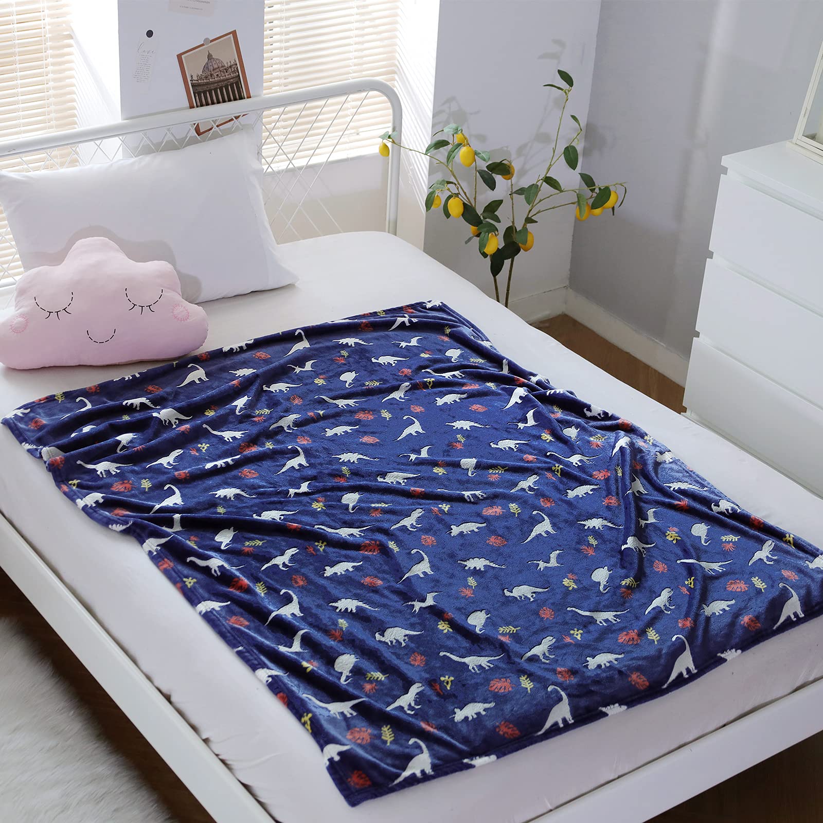 Sochow Glow In The Dark Throw Blanket 50 X 60 Inches, Jurassic Dinosaur Pattern Soft Cozy Flannel Fleece Blanket For Sons Daught