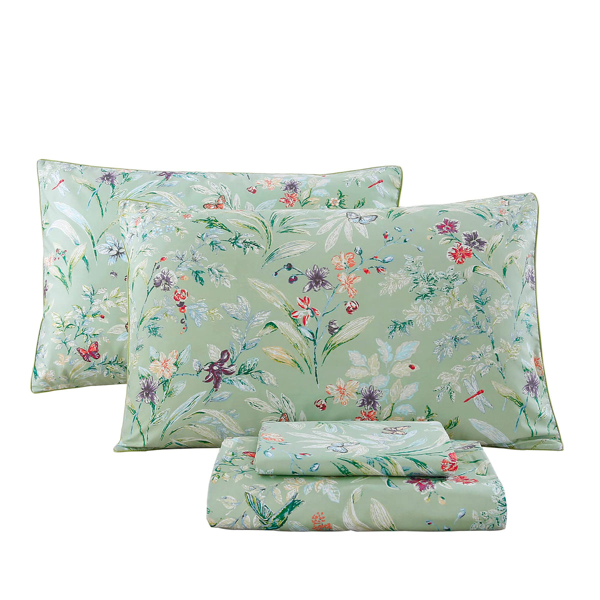 Urbonur Garden Floral Sheets Set Sage Green 4Pcs Queen Size, Egyptian Cotton Silky Cooling Bed Sheets Set, Wrinkle Resistant Dee