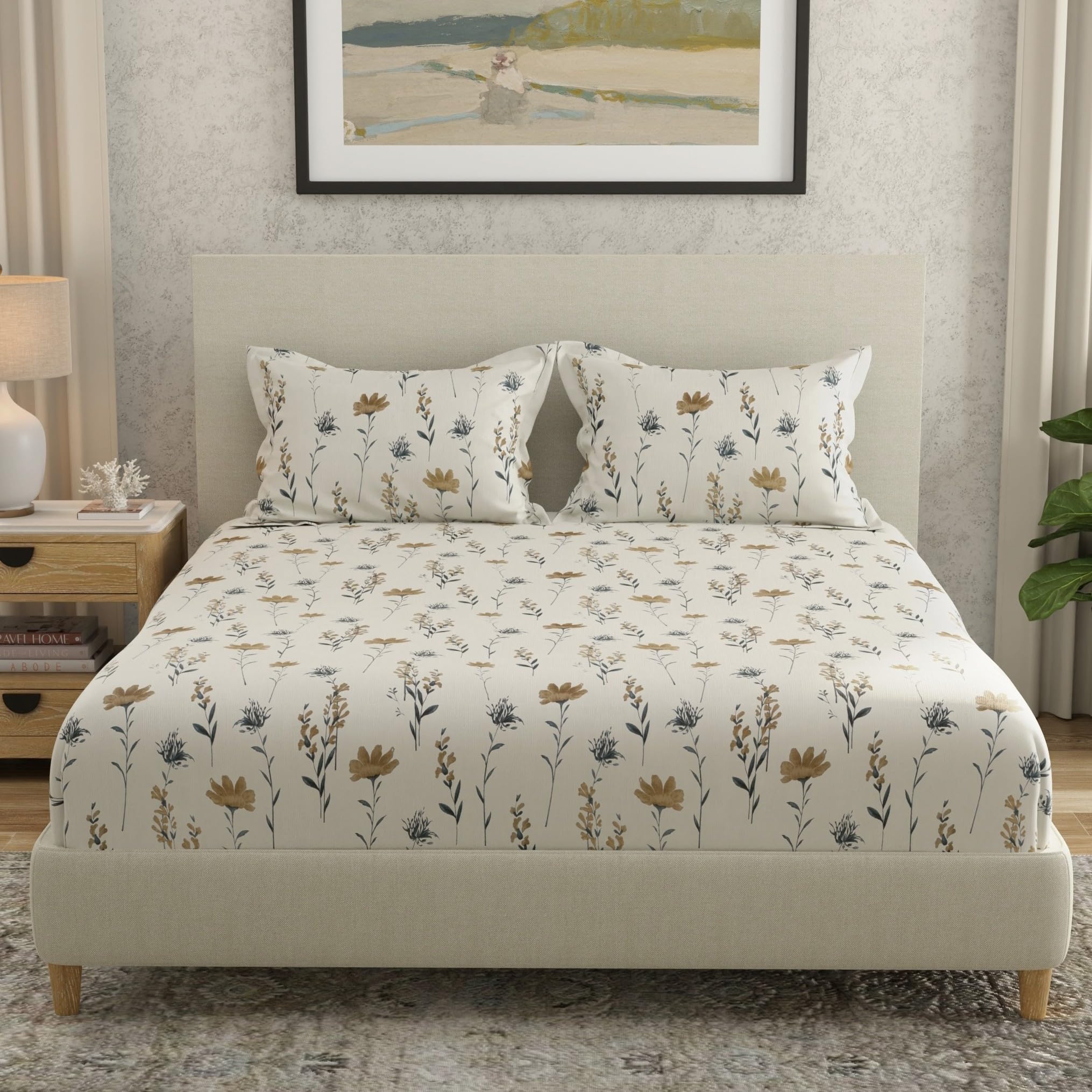 Huesland By Ahmedabad Cotton 144 Tc Cotton Bedsheet For Double Bed King Size With 2 Pillow Covers | White & Olive Green