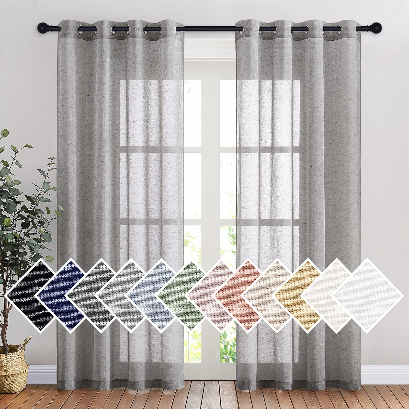 Nicetown Sheer Curtains Flax Texture For Bedroom, Vintage Grommet Top Linen Textured Semitransparent Privacy Window Treatment Li