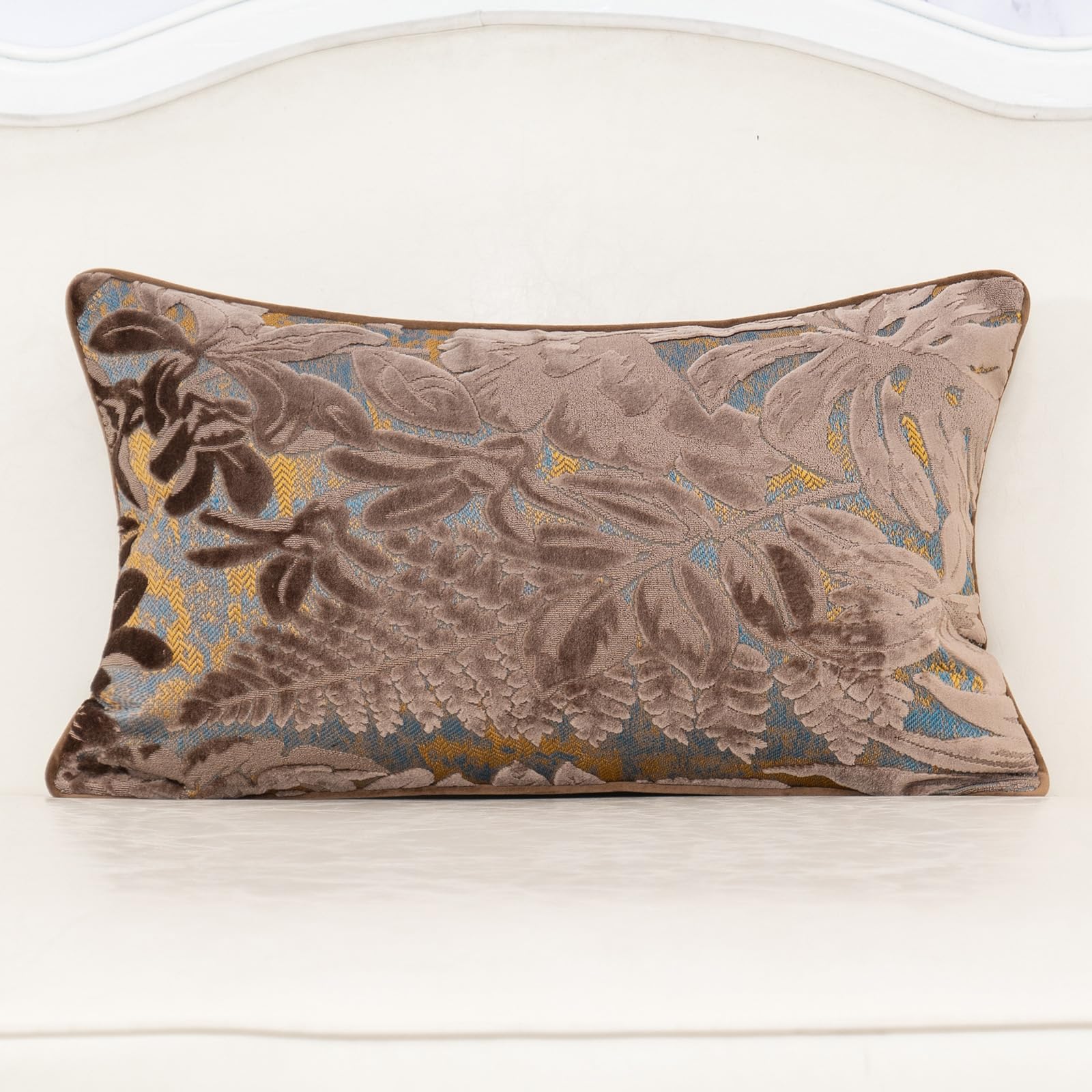 Alerfa Brown Throw Pillow Cover 12X20 Inch, Rectangle Cut Velvet Maple Leaf Embroidery Luxury Farmhosue Lumbar Decorative Pillow